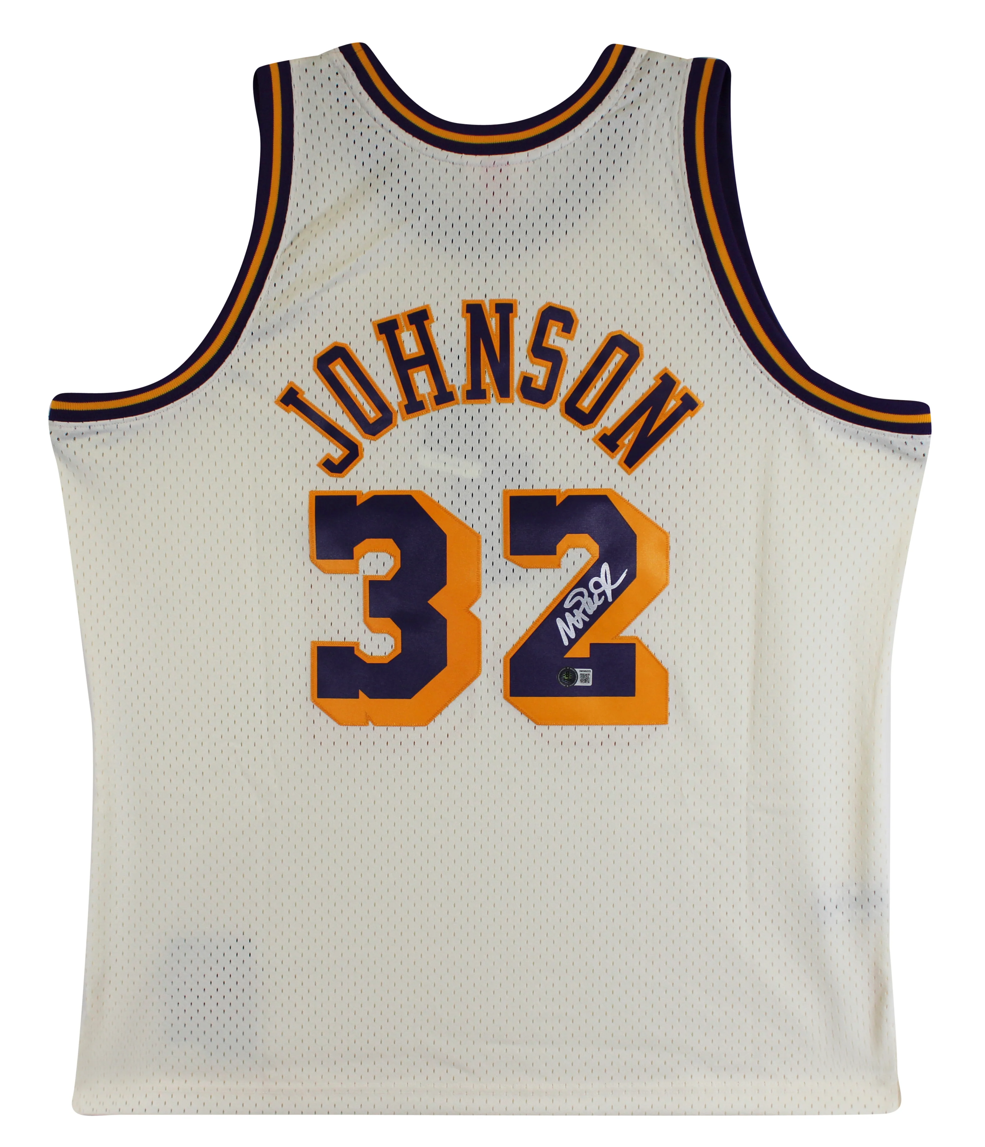 Lakers Magic Johnson Signed Cream 1984-85 M&N HWC Swingman Jersey BAS Witnessed - Image 3