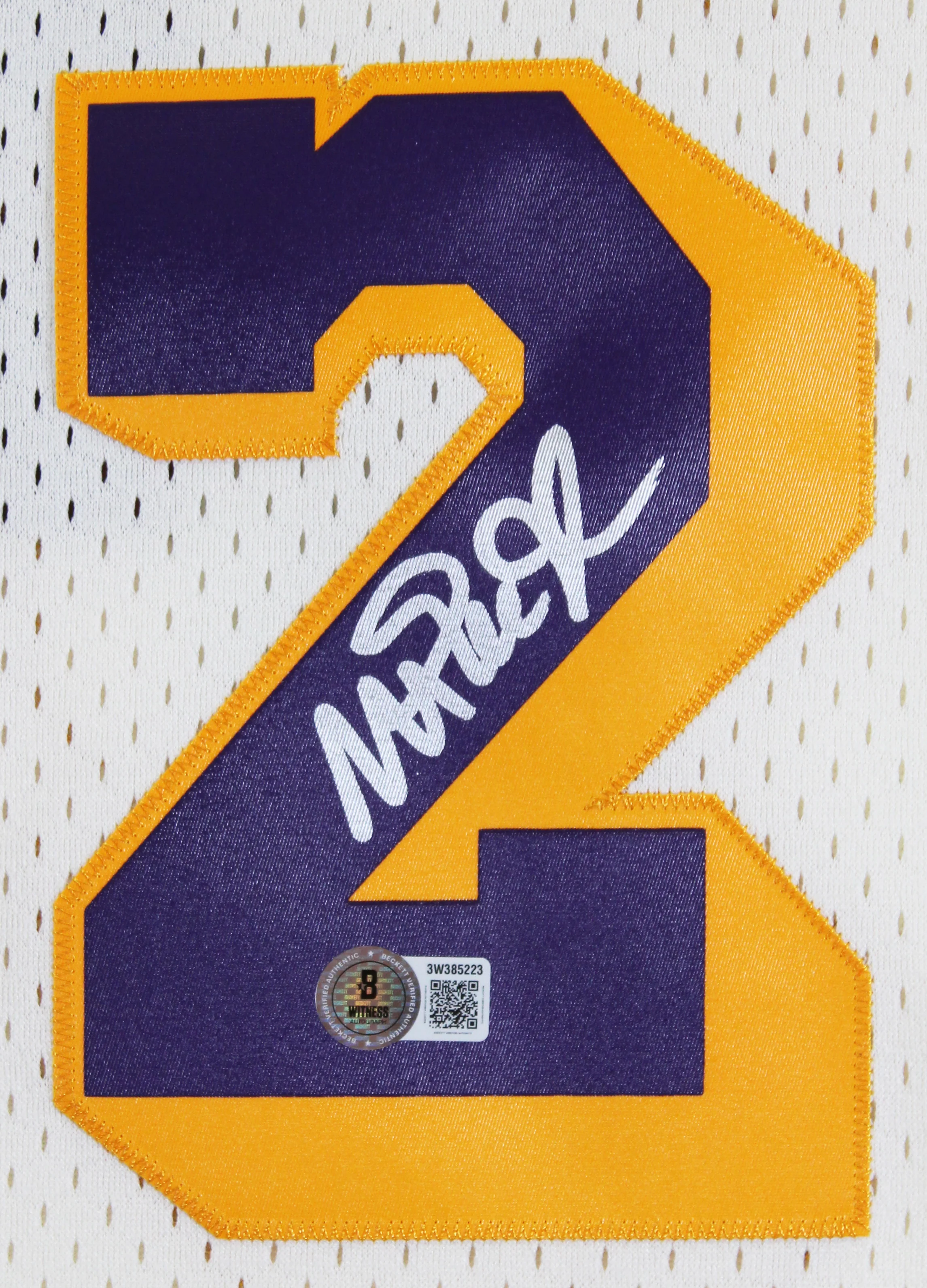 Lakers Magic Johnson Signed Cream 1984-85 M&N HWC Swingman Jersey BAS Witnessed - Image 4