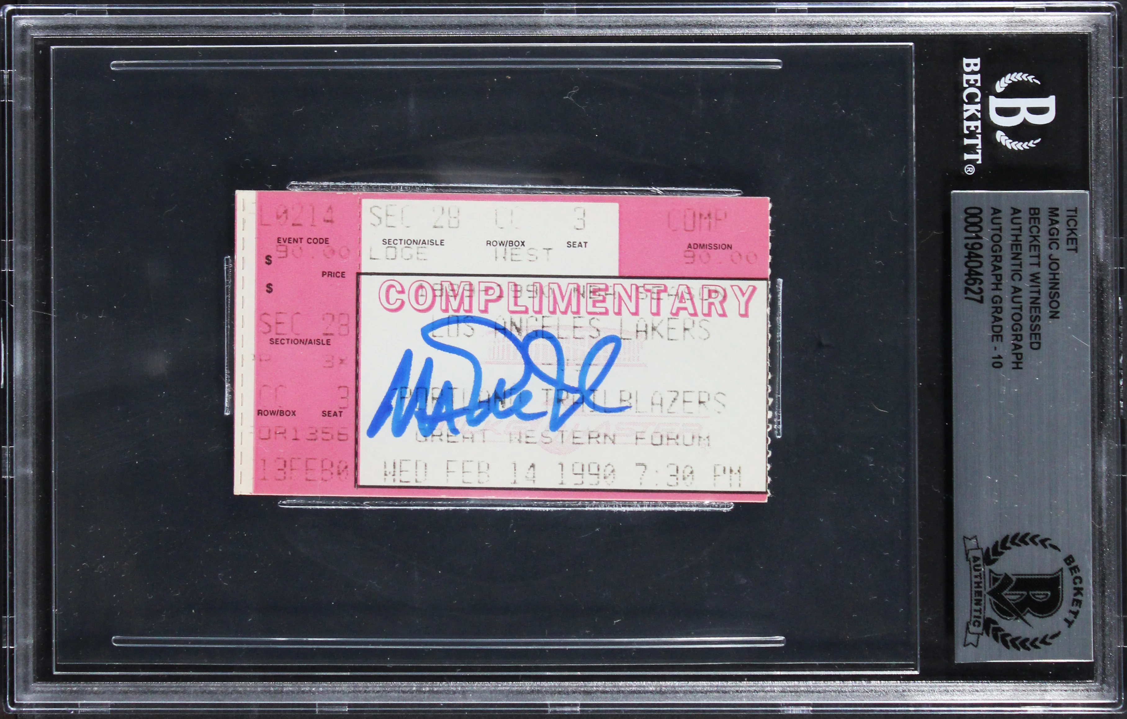 Lakers Magic Johnson Signed February 14, 1990 Ticket Stub Auto 10! BAS Slabbed - Image 2