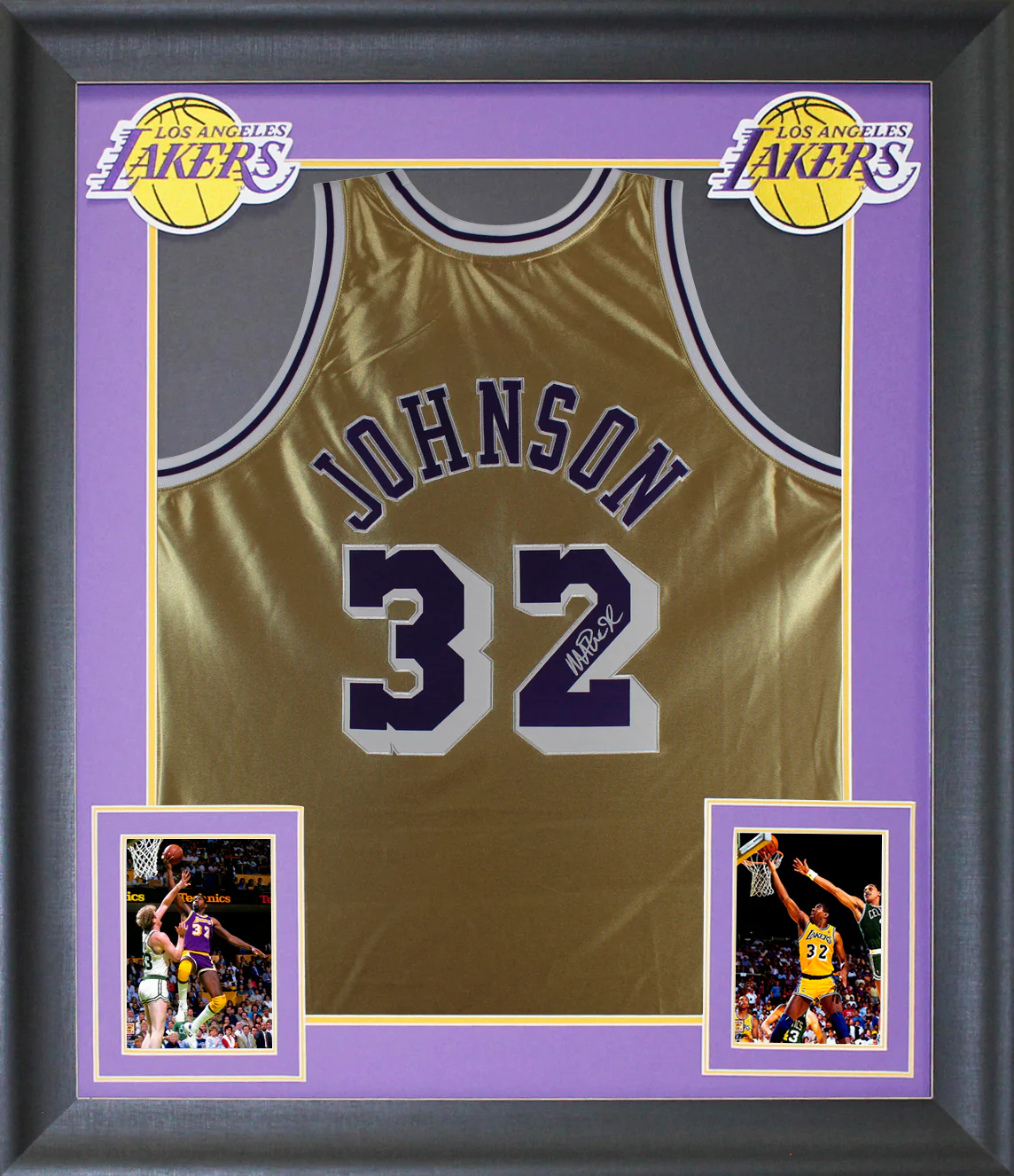 Lakers Magic Johnson Signed Gold M&N 75th Anniversary Framed Jersey BAS Wit - Image 2