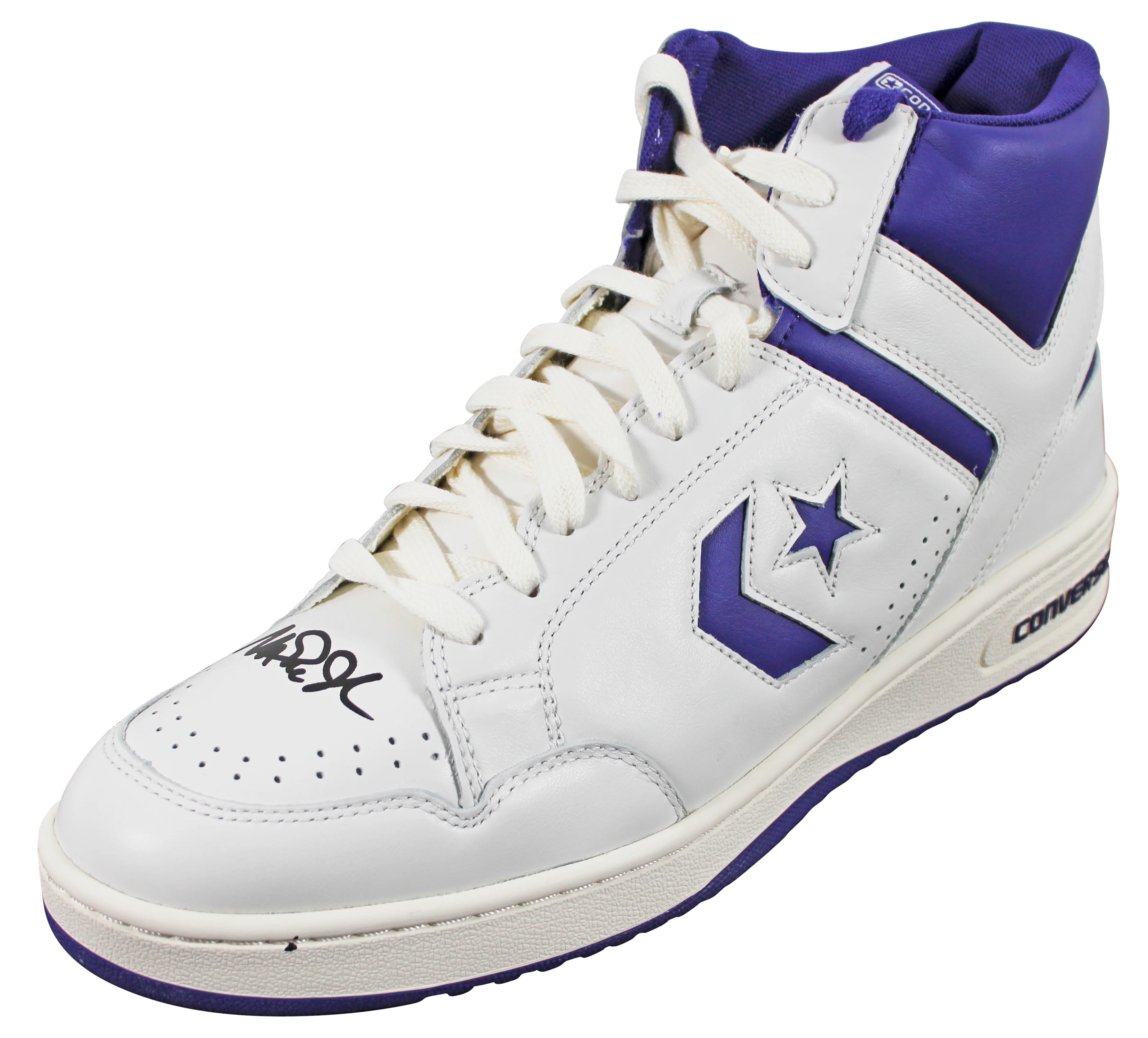 Lakers Magic Johnson Signed Left Purple & White Converse Weapon Shoe BAS Wit 2 - Image 2