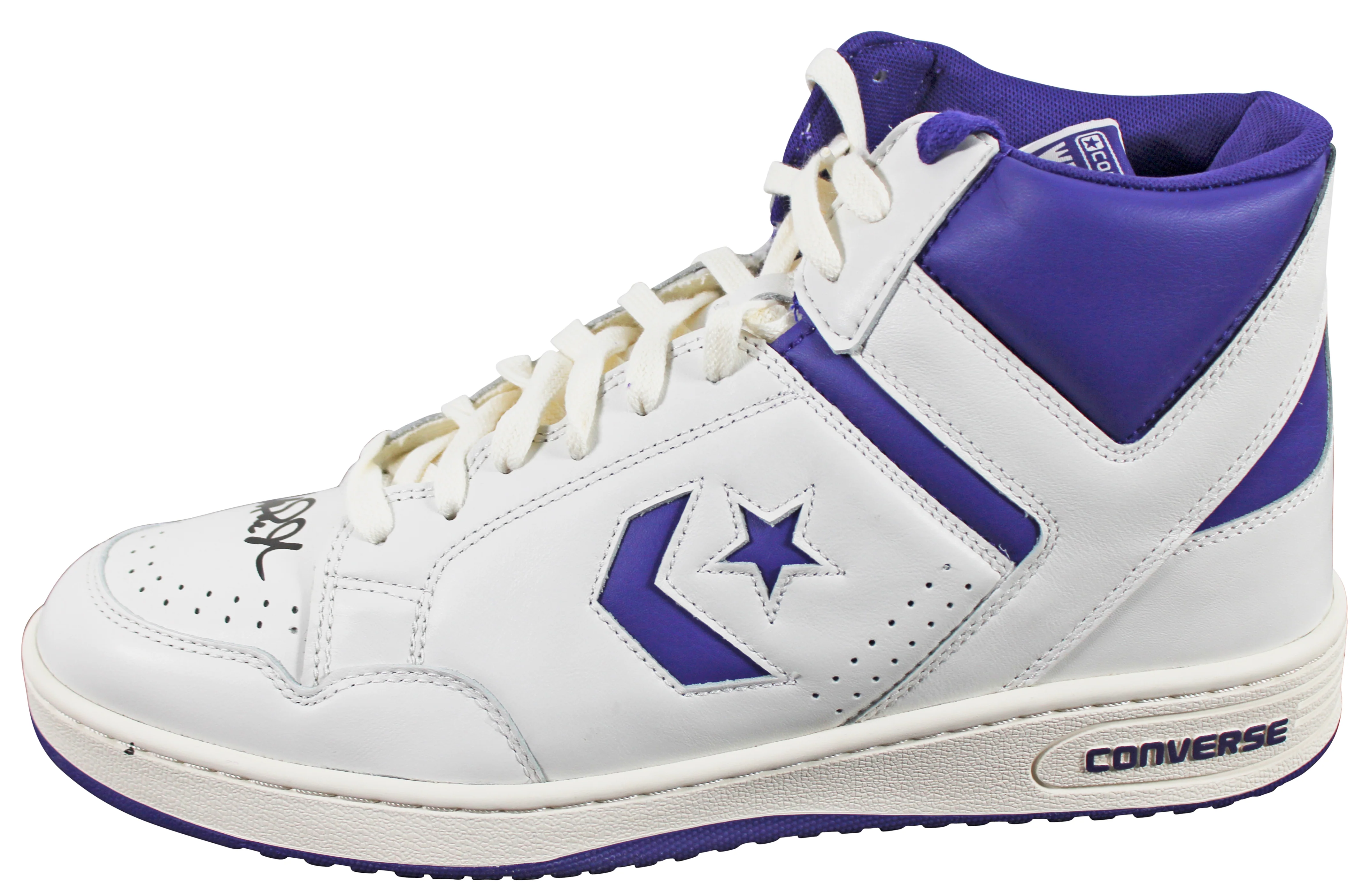 Lakers Magic Johnson Signed Left Purple & White Converse Weapon Shoe BAS Wit 2 - Image 5
