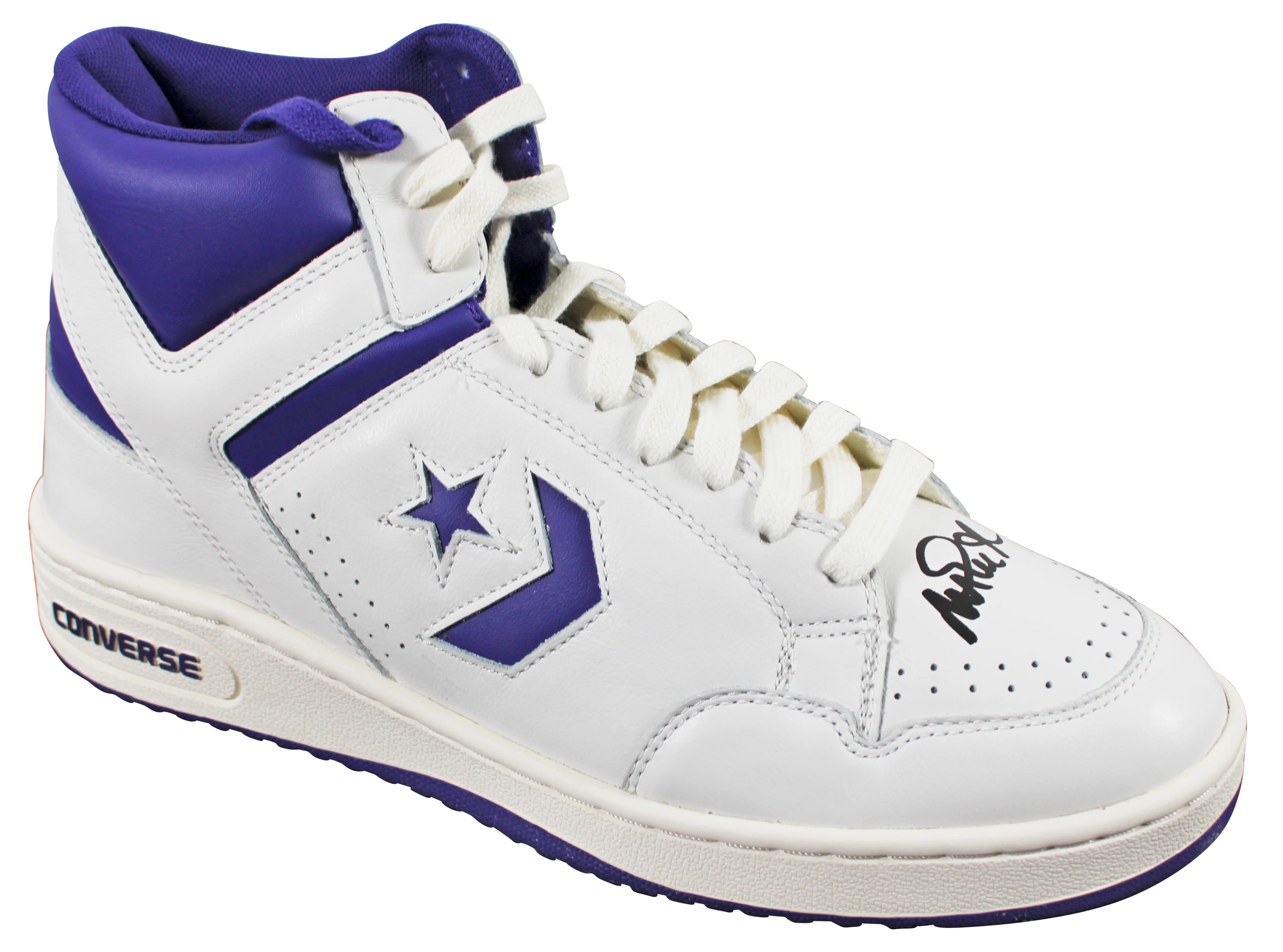 Lakers Magic Johnson Signed Right Purple & White Converse Weapon Shoe BAS Wit 2 - Image 2