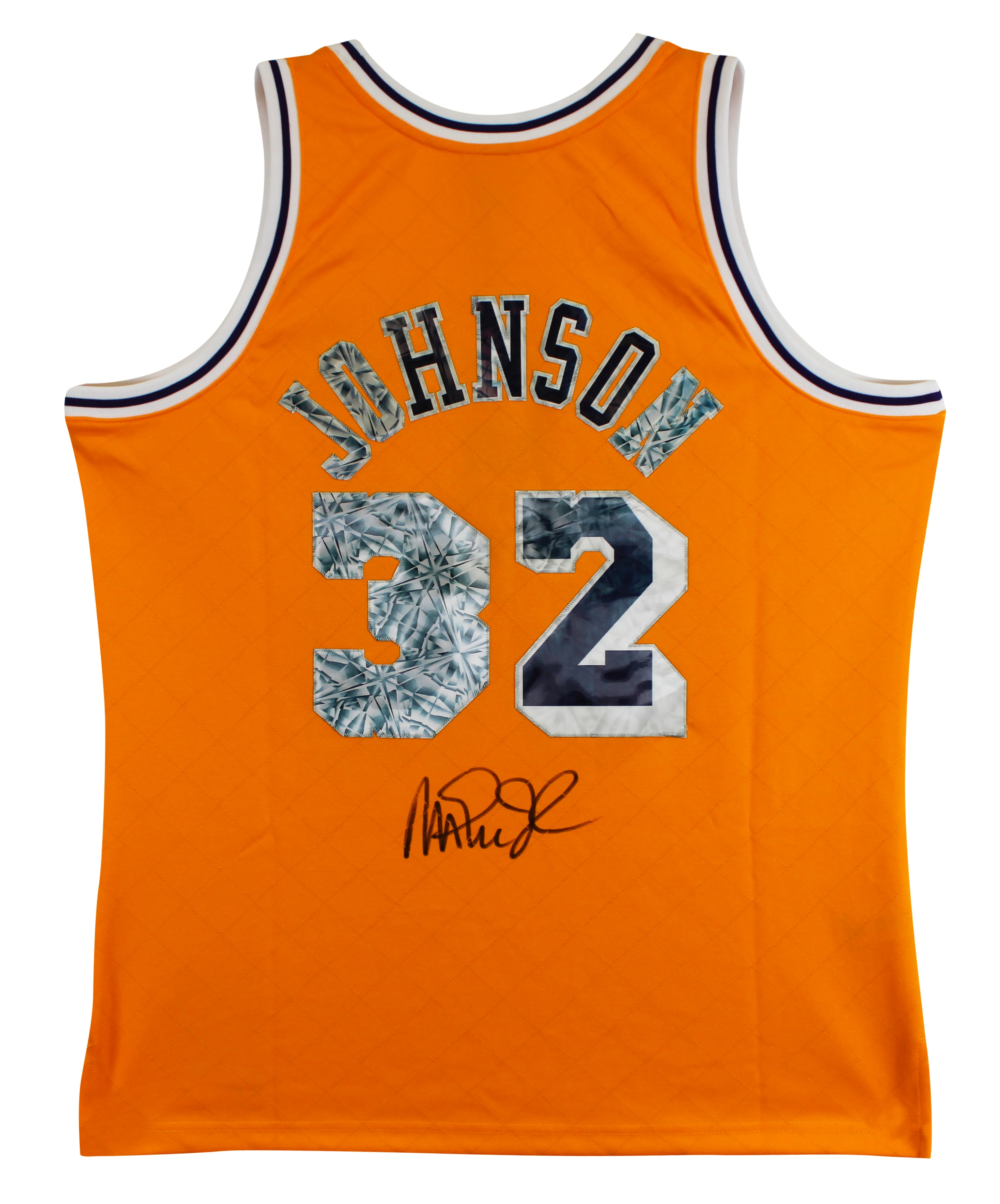 Lakers Magic Johnson Signed Yellow Diamond M&N 84-85 HWC Swingman Jersey BAS Wit - Image 3
