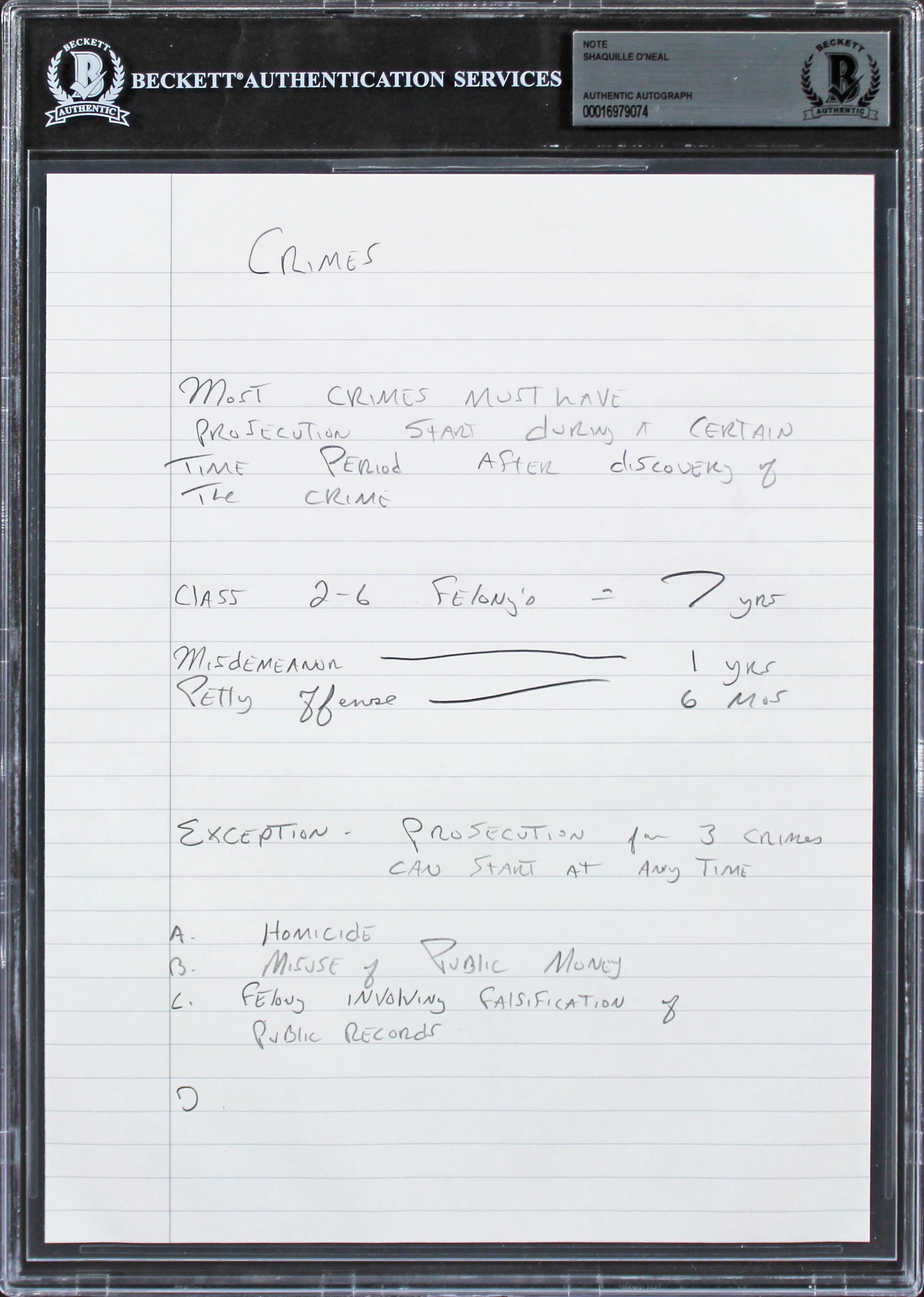 Lakers Shaquille O'Neal 8x10 Training Notes Handwriting Sample BAS Slabbed 1