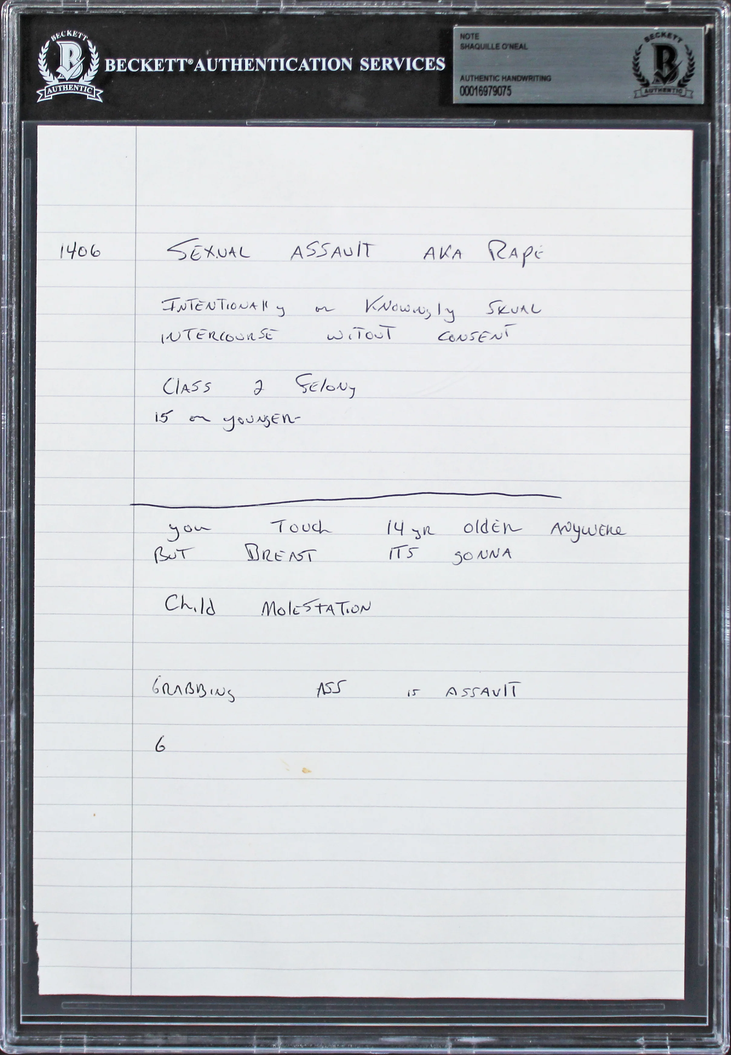 Lakers Shaquille O'Neal 8x10 Training Notes Handwriting Sample BAS Slabbed 3 - Image 2