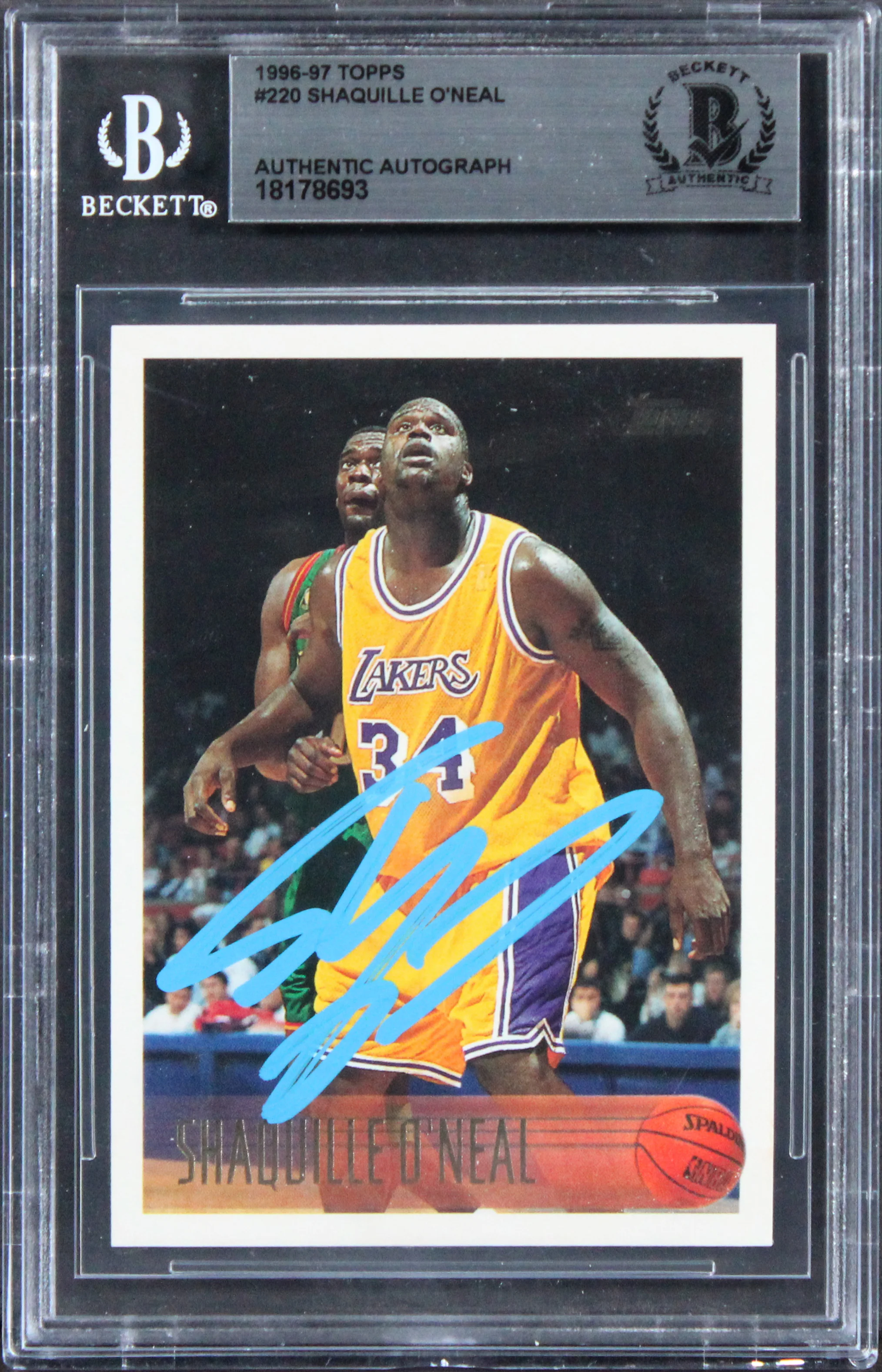 Lakers Shaquille O'Neal Authentic 1996 Topps #220 Card Autographed BAS Slabbed - Image 2