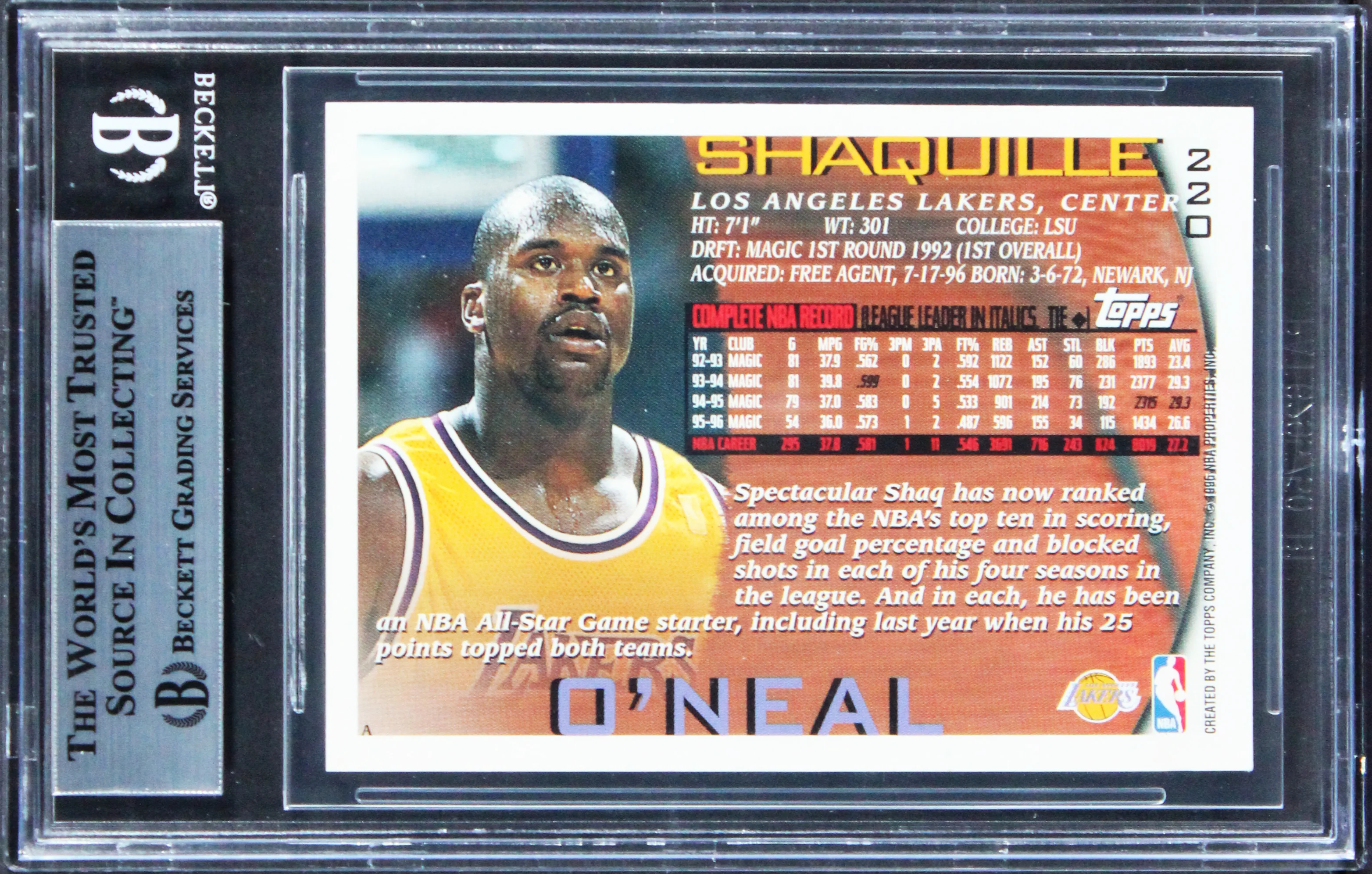 Lakers Shaquille O'Neal Authentic 1996 Topps #220 Card Autographed BAS Slabbed - Image 3