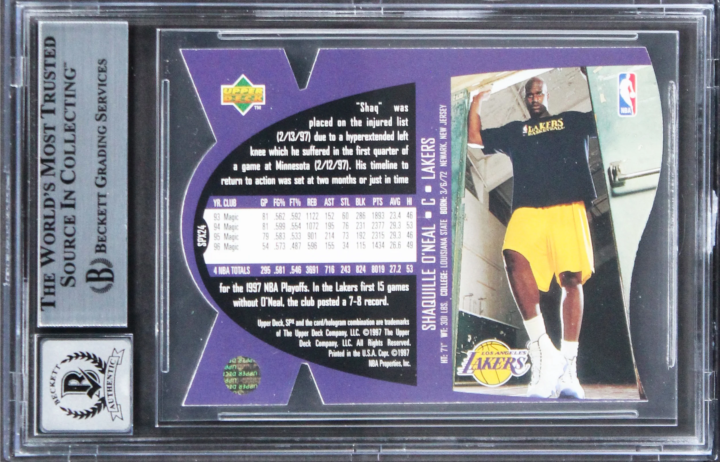 Lakers Shaquille O'Neal Authentic Signed 1997 SPX #24 Card BAS Slabbed - Image 3