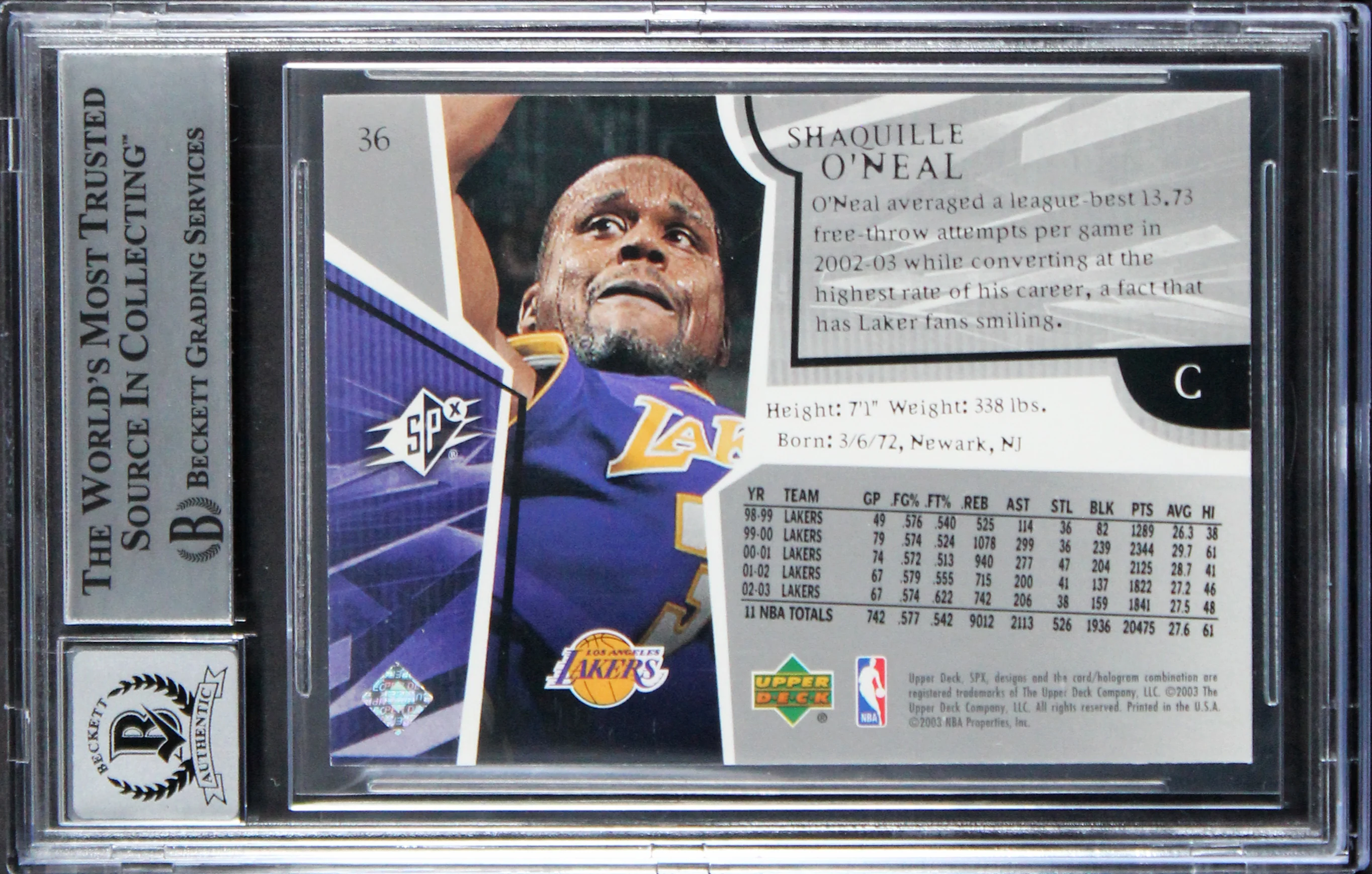 Lakers Shaquille O'Neal Authentic Signed 2003 SPX #36 Card Auto 10! BAS Slabbed - Image 3