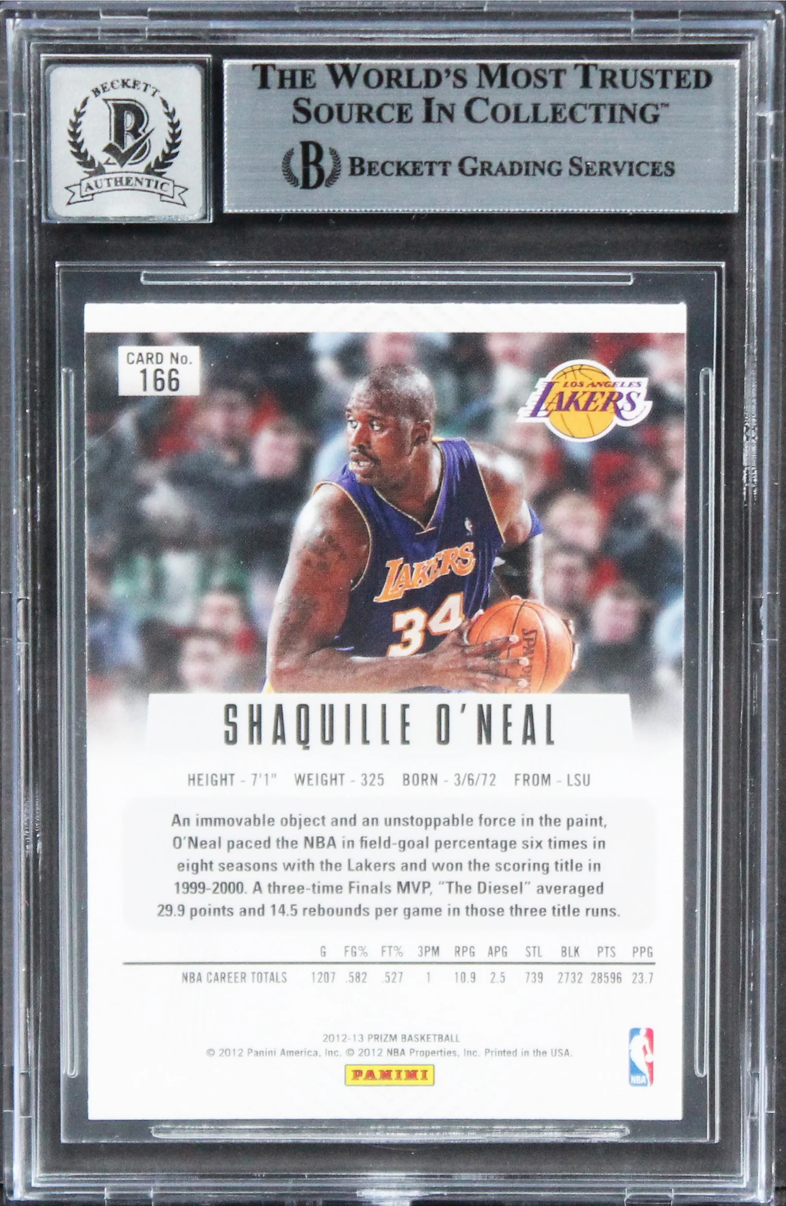 Lakers Shaquille O'Neal Authentic Signed 2012 Panini Prizm #166 Card BAS Slabbed - Image 3
