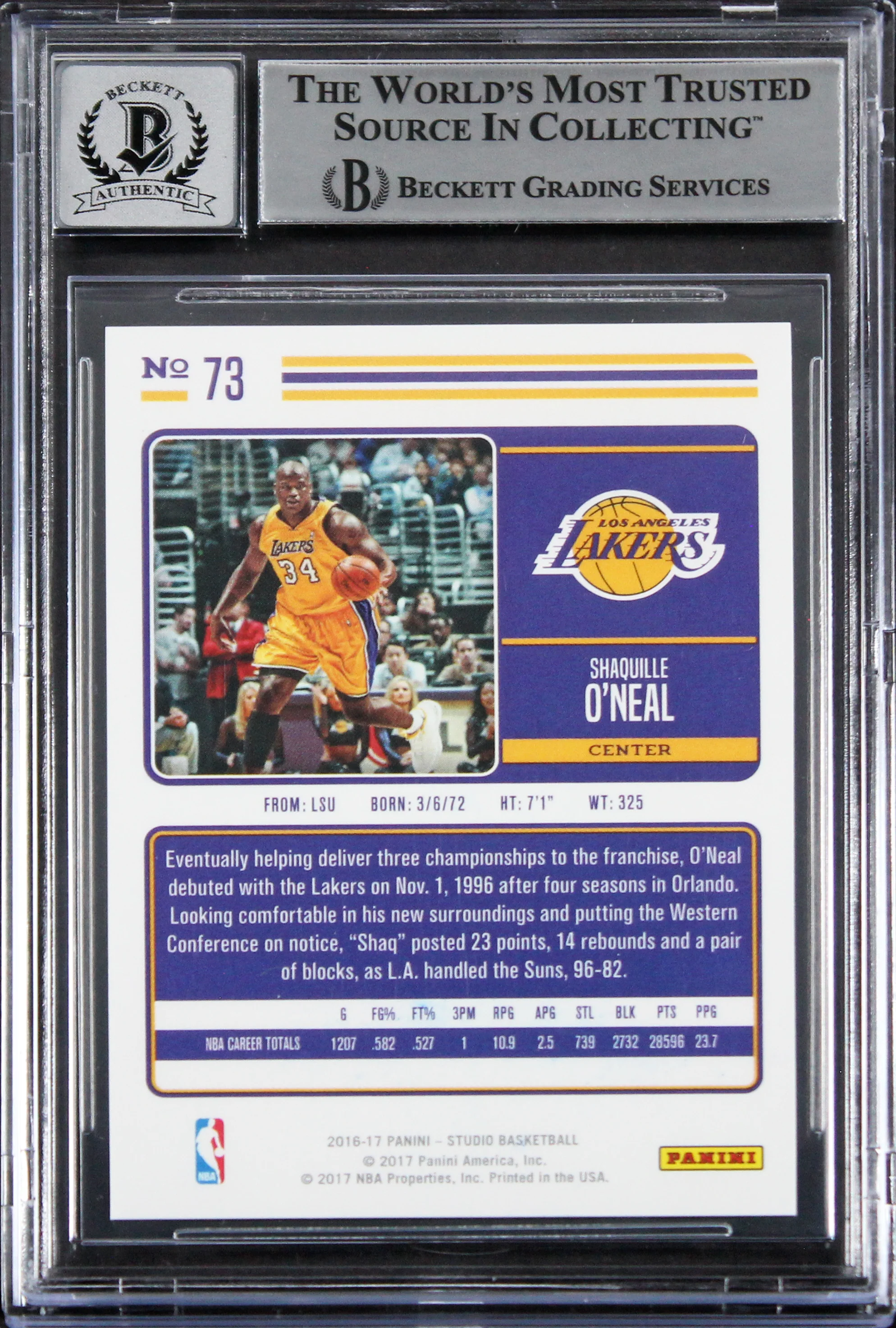 Lakers Shaquille O'Neal Authentic Signed 2016 Studio #73 Card Auto 10! BAS Slab - Image 3