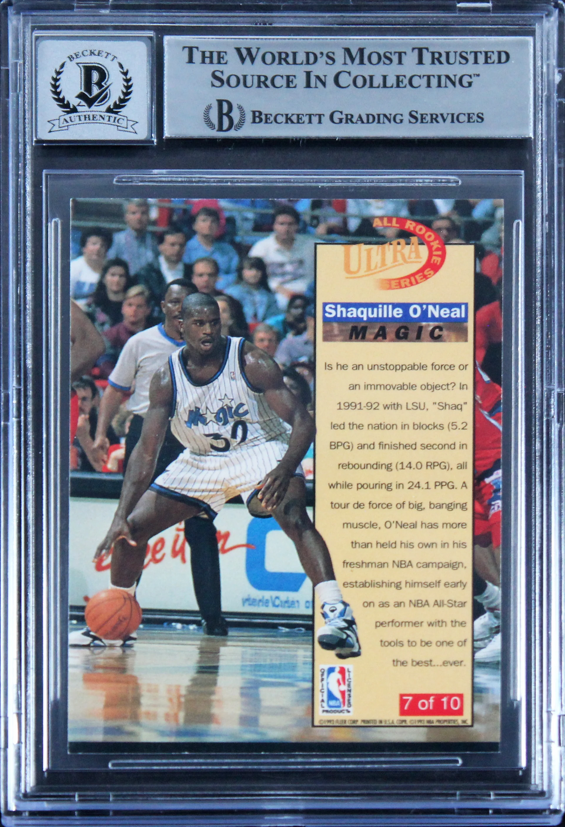 Lakers Shaquille O'Neal Signed 1992 Ultra All-Rookies #7 RC Auto 10! BAS Slabbed - Image 3
