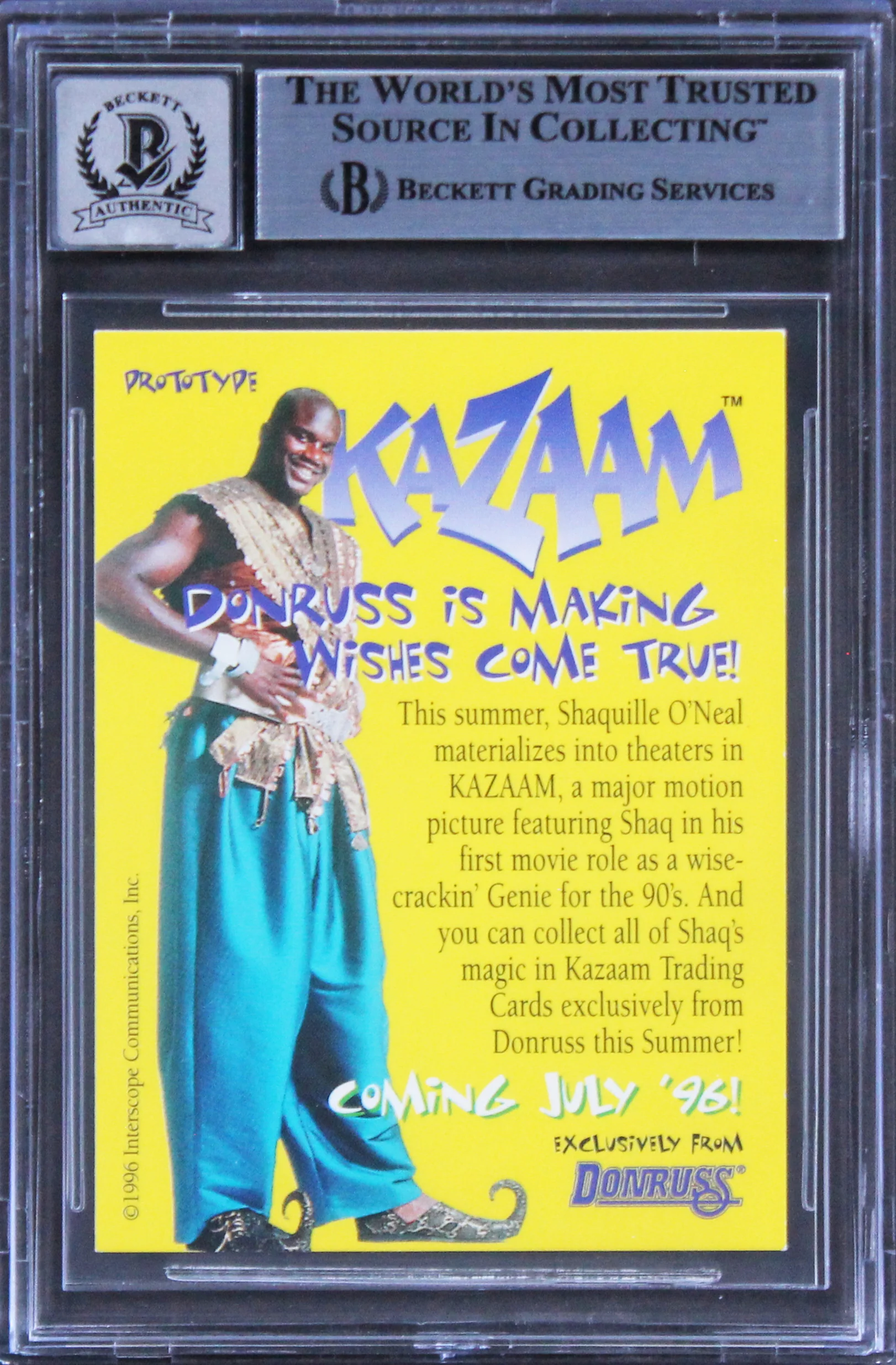 Lakers Shaquille O'Neal Signed 1996 Donruss Kazaam Promo Card Auto 10! BAS Slab - Image 3