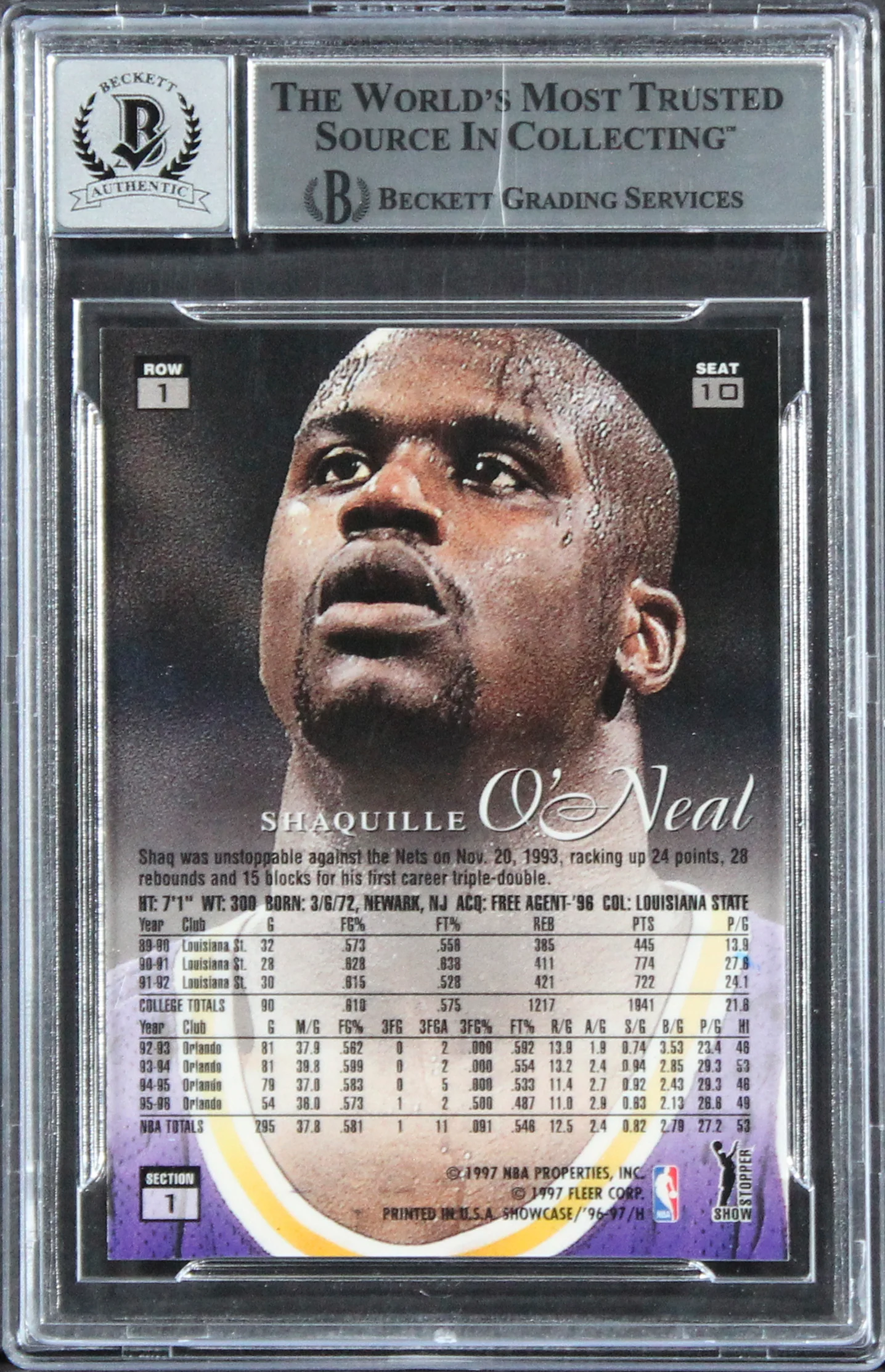 Lakers Shaquille O'Neal Signed 1996 Flair Showcase #10 Card Auto 10! BAS Slabbed - Image 3