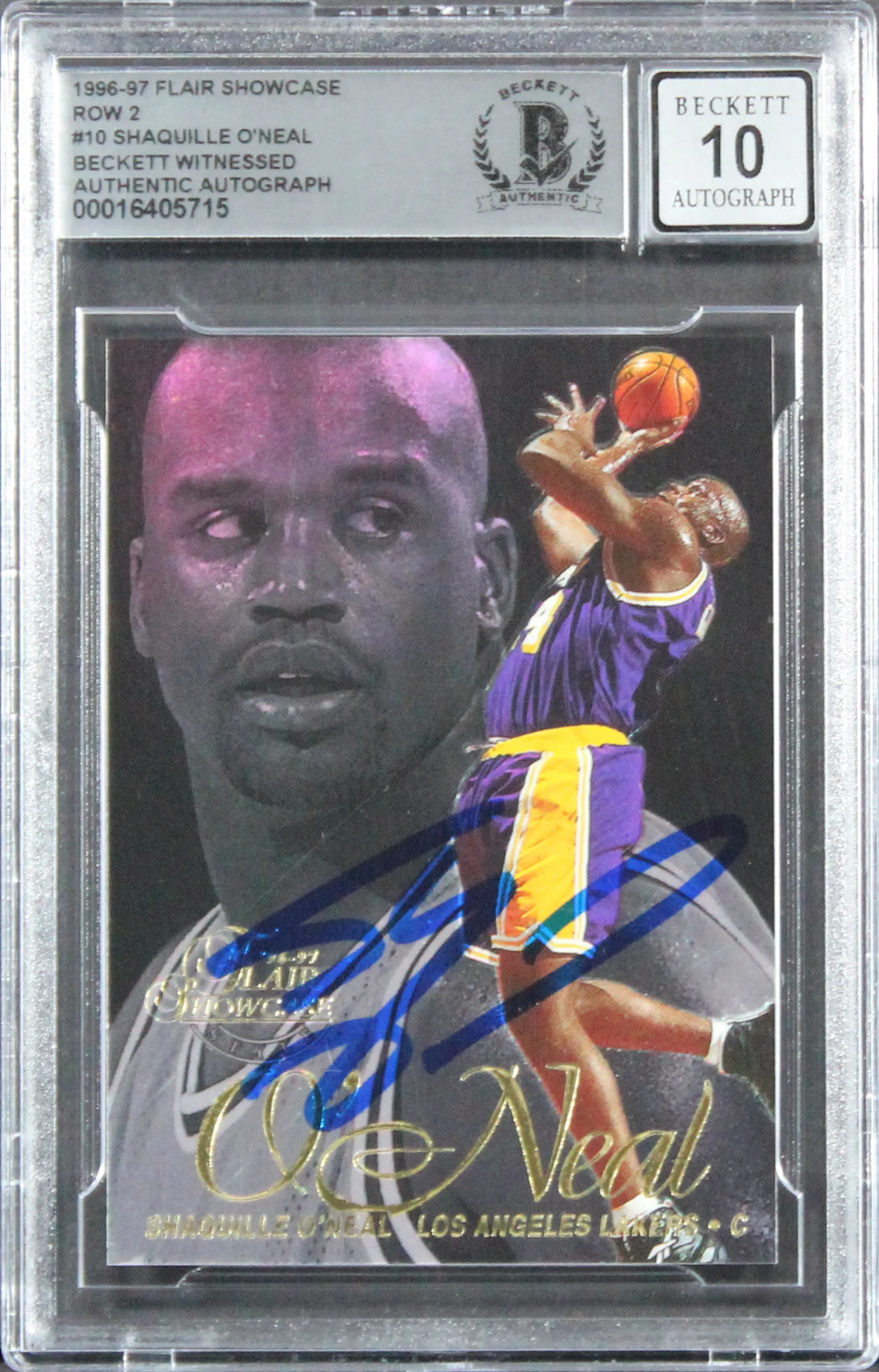 Lakers Shaquille O'Neal Signed 1996 Flair Showcase #10 Card Auto 10! BAS Slabbed - Image 2