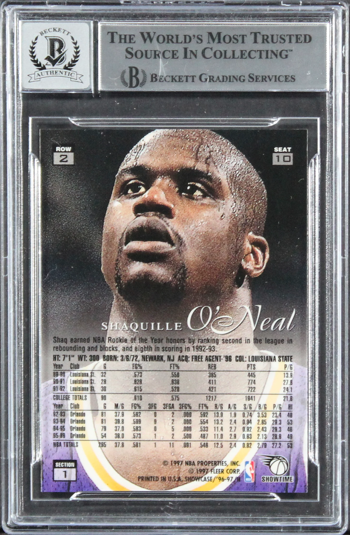 Lakers Shaquille O'Neal Signed 1996 Flair Showcase #10 Card Auto 10! BAS Slabbed - Image 3