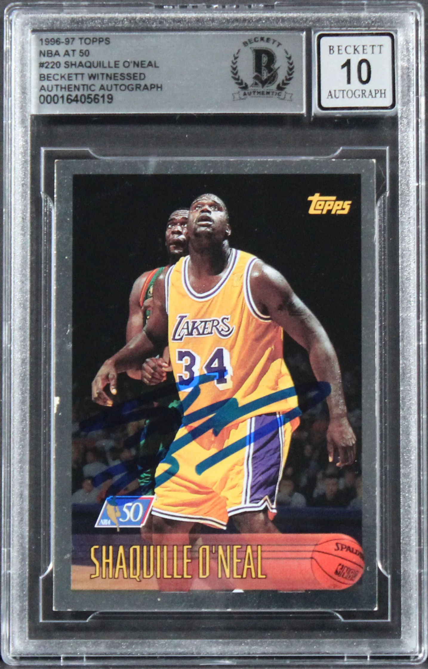 Lakers Shaquille O'Neal Signed 1996 Topps NBA At 50 #220 Card Auto 10! BAS Slab - Image 2