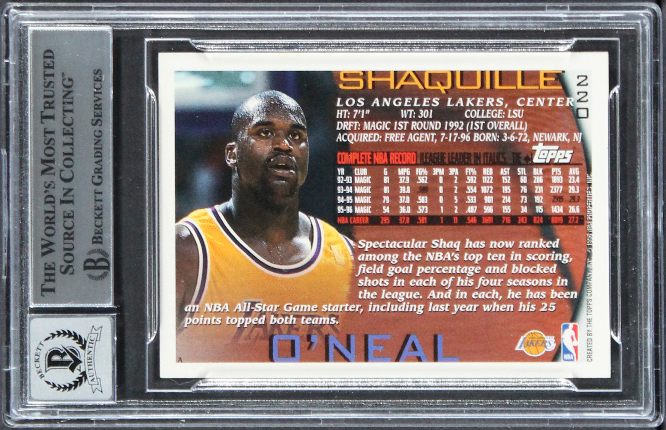 Lakers Shaquille O'Neal Signed 1996 Topps NBA At 50 #220 Card Auto 10! BAS Slab - Image 3