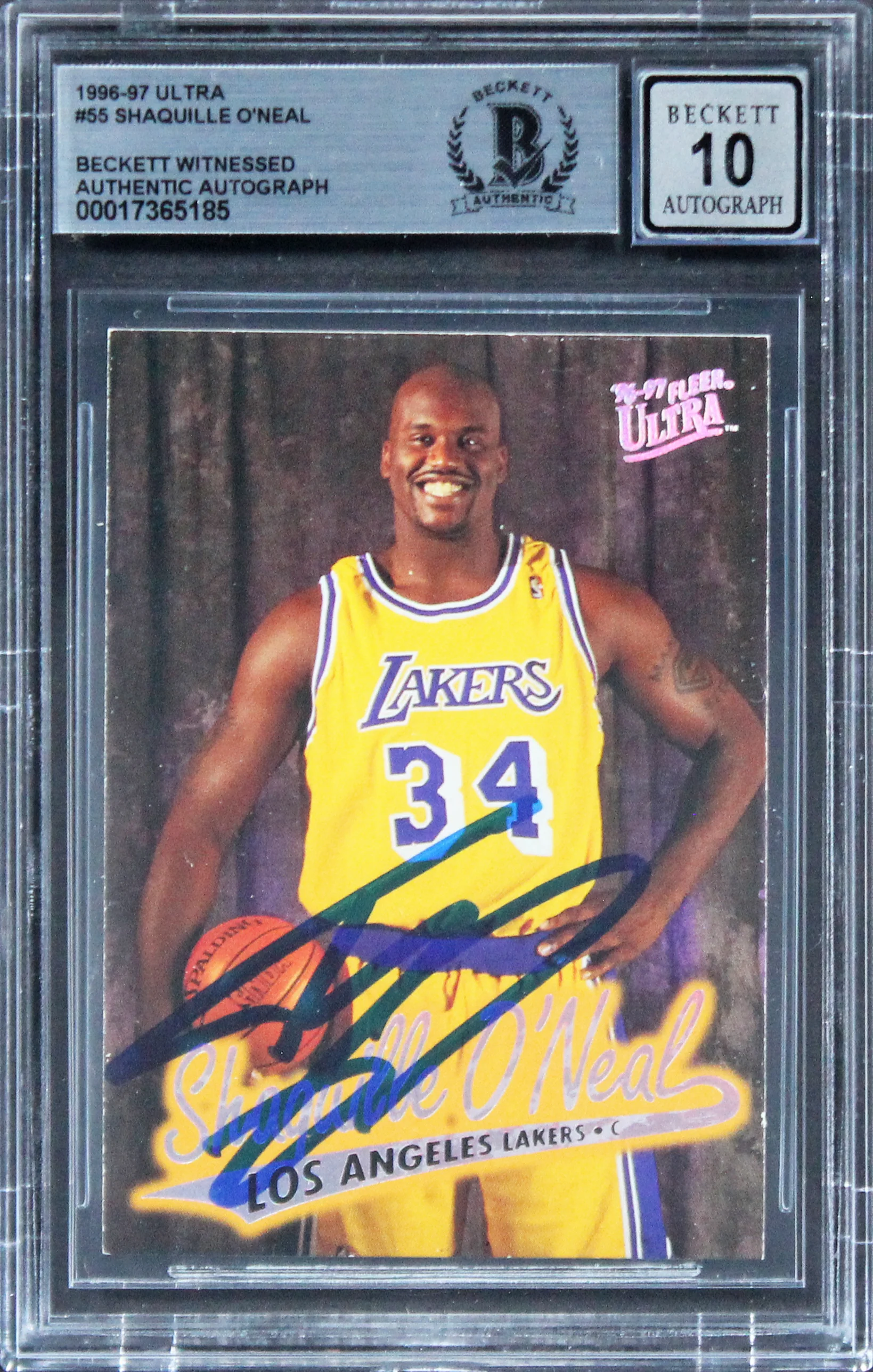 Lakers Shaquille O'Neal Signed 1996 Ultra #55 Card Auto Graded GM 10! BAS Slab - Image 2