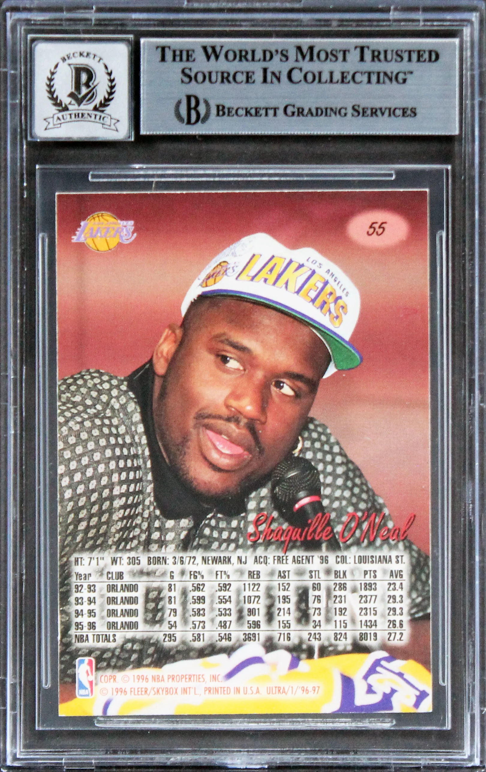 Lakers Shaquille O'Neal Signed 1996 Ultra #55 Card Auto Graded GM 10! BAS Slab - Image 3