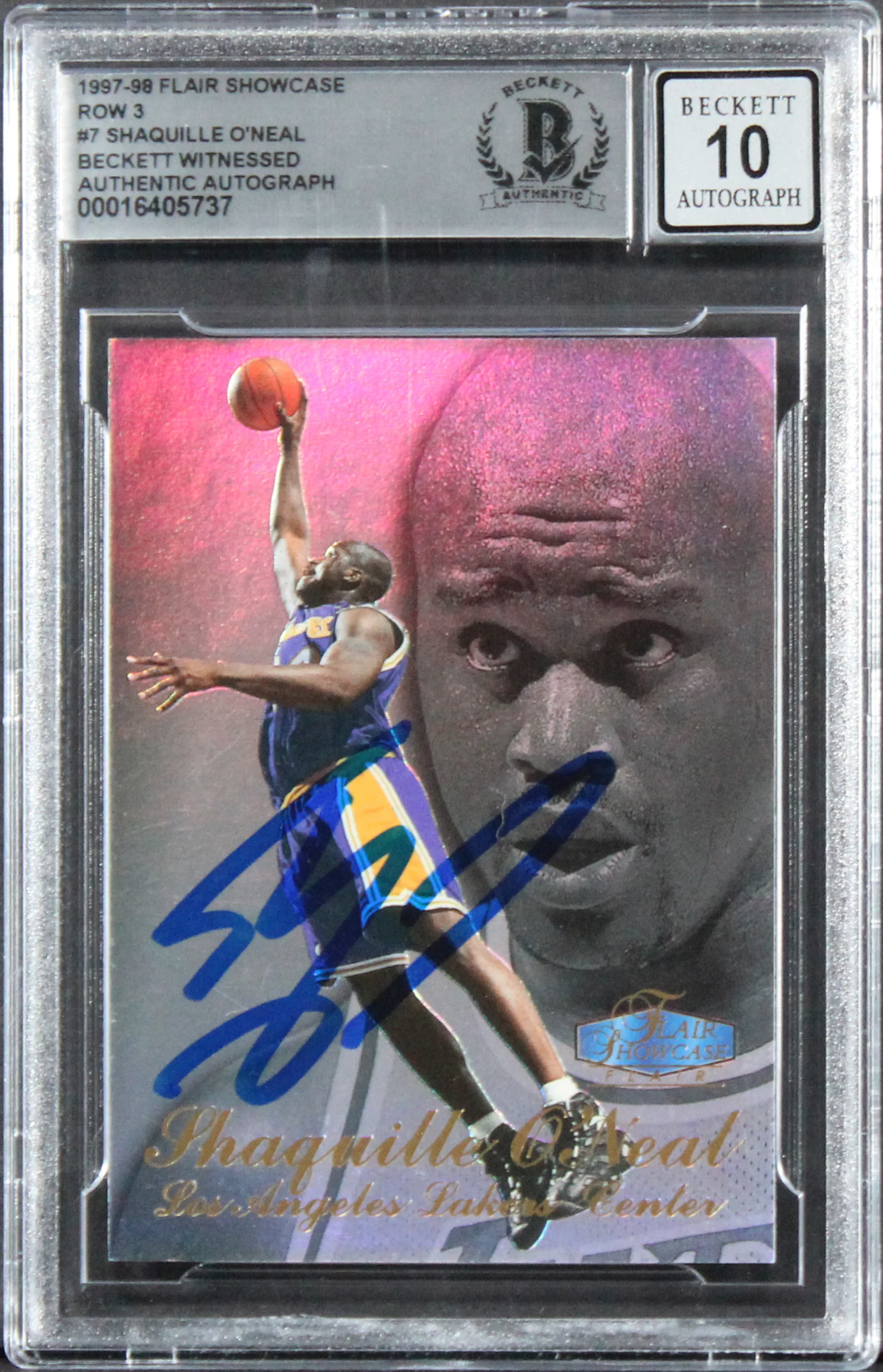 Lakers Shaquille O'Neal Signed 1997 Flair Showcase #7 Card Auto 10! BAS Slabbed - Image 2