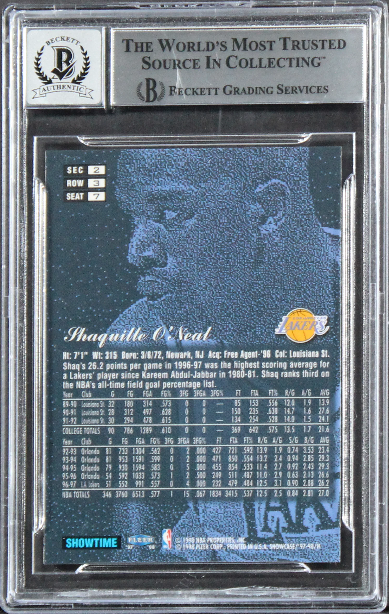 Lakers Shaquille O'Neal Signed 1997 Flair Showcase #7 Card Auto 10! BAS Slabbed - Image 3