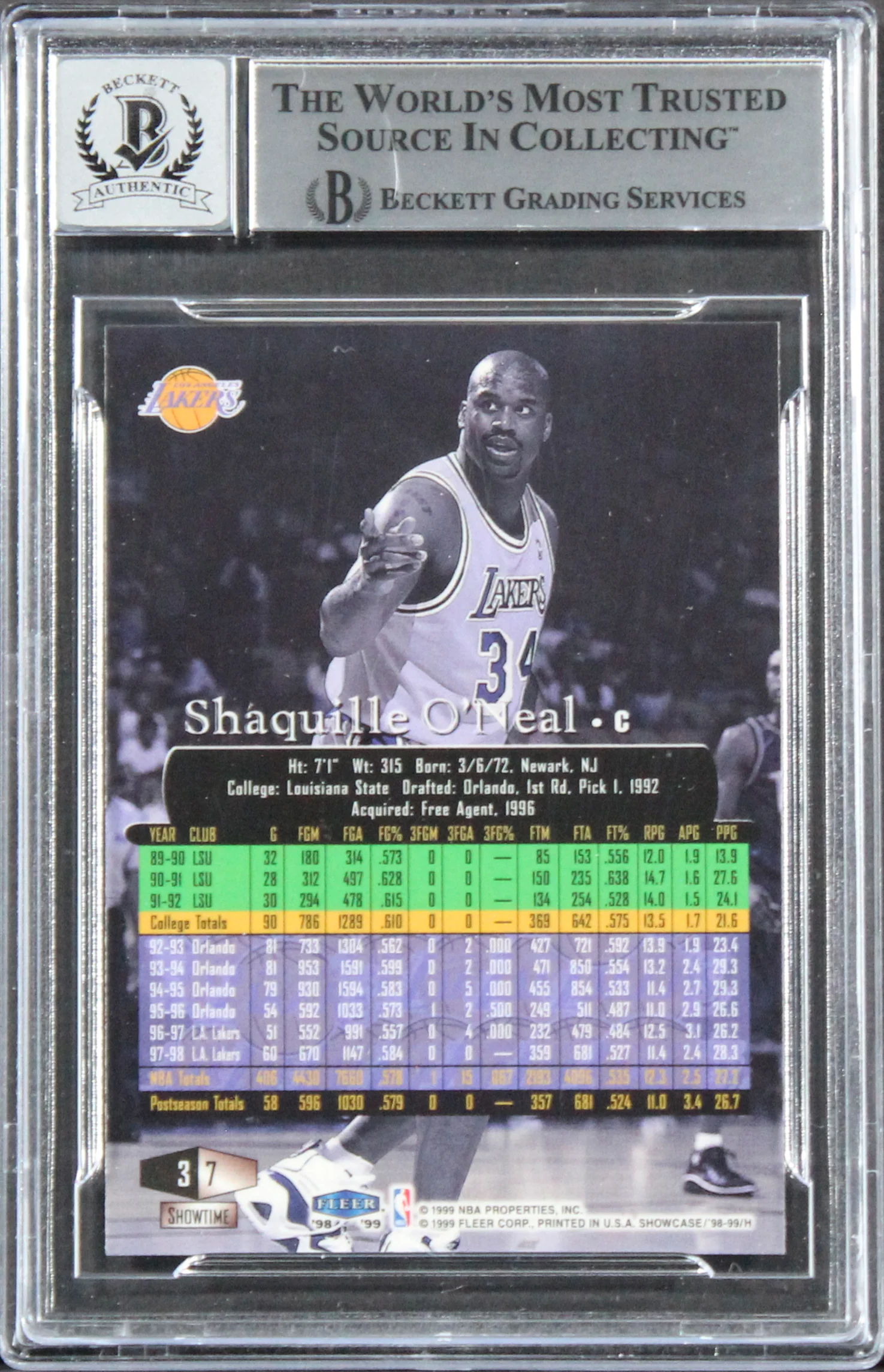 Lakers Shaquille O'Neal Signed 1998 Flair Showcase #7 Card Auto 10! BAS Slabbed - Image 3