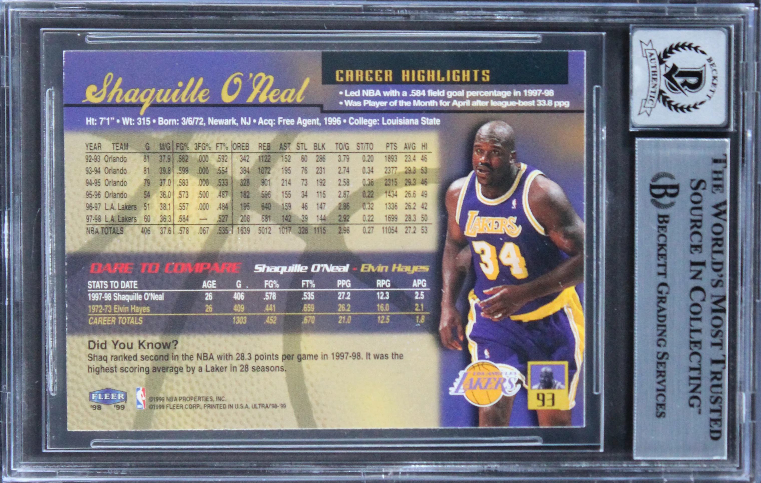 Lakers Shaquille O'Neal Signed 1998 Ultra #93 Card Auto 10 BAS Slabbed - Image 3