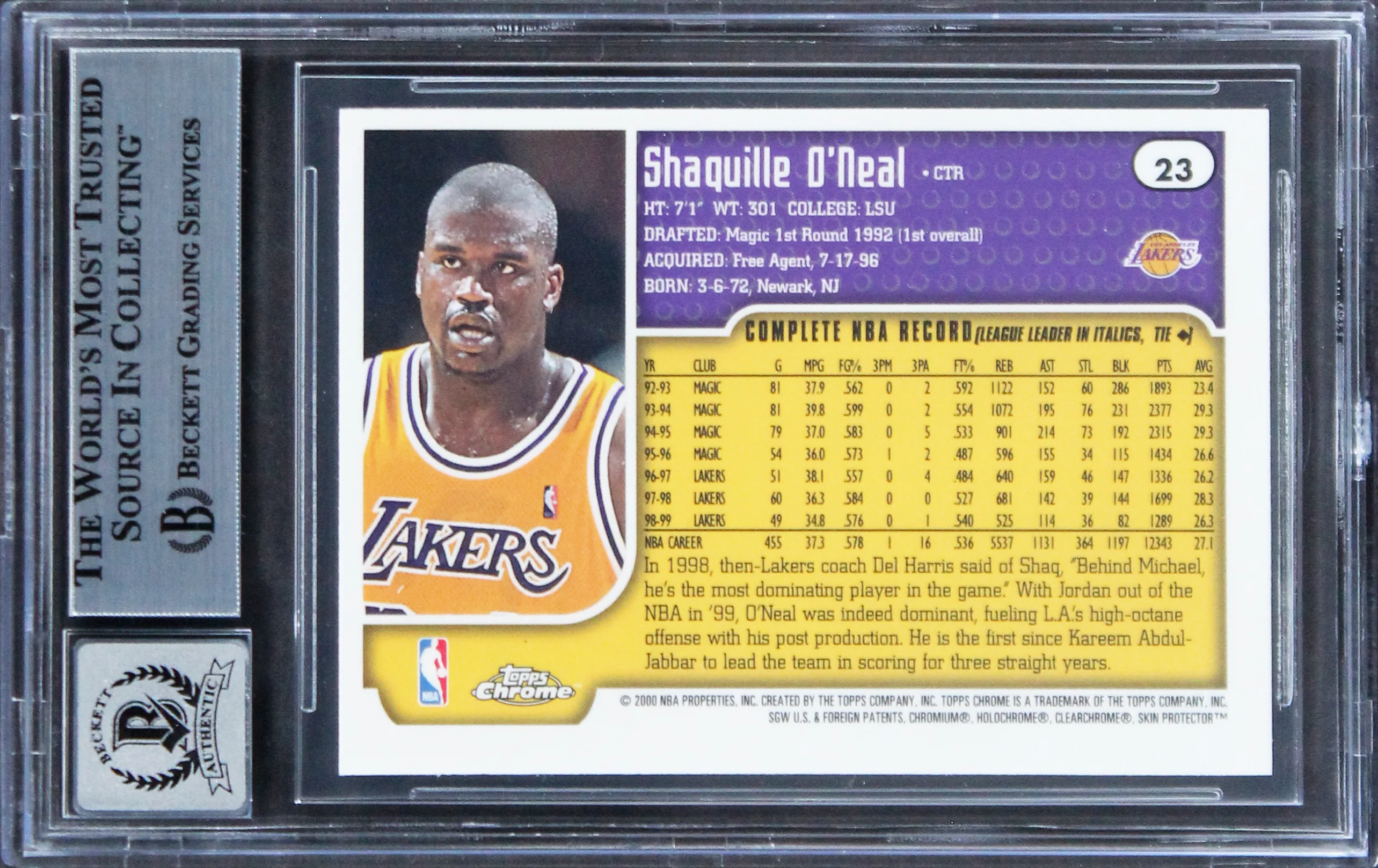 Lakers Shaquille O'Neal Signed 1999 Topps Chrome #23 Card AG GM 10! BAS Slab - Image 3