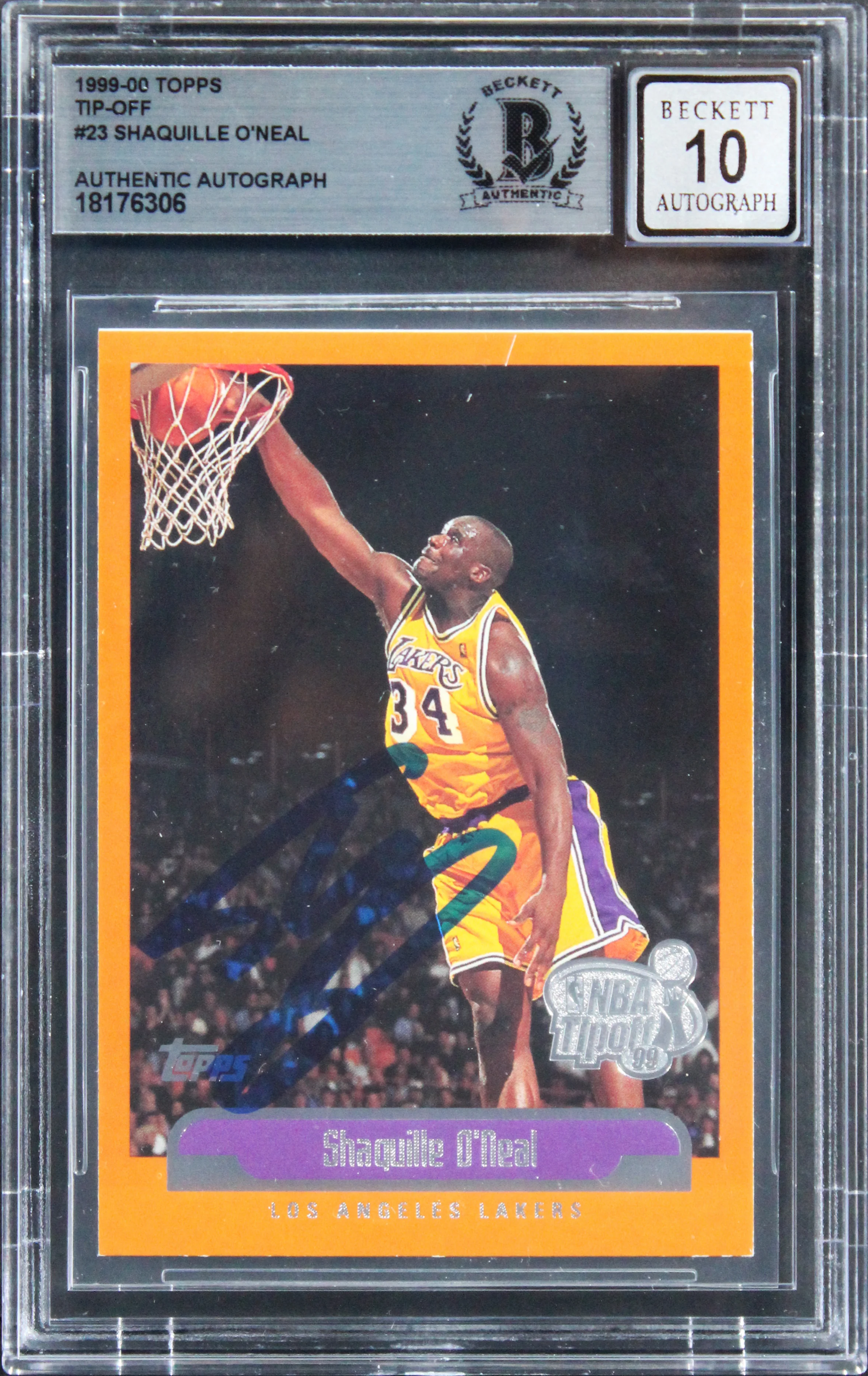 Lakers Shaquille O'Neal Signed 1999 Topps Tipoff #23 Card Auto 10! BAS Slabbed - Image 2