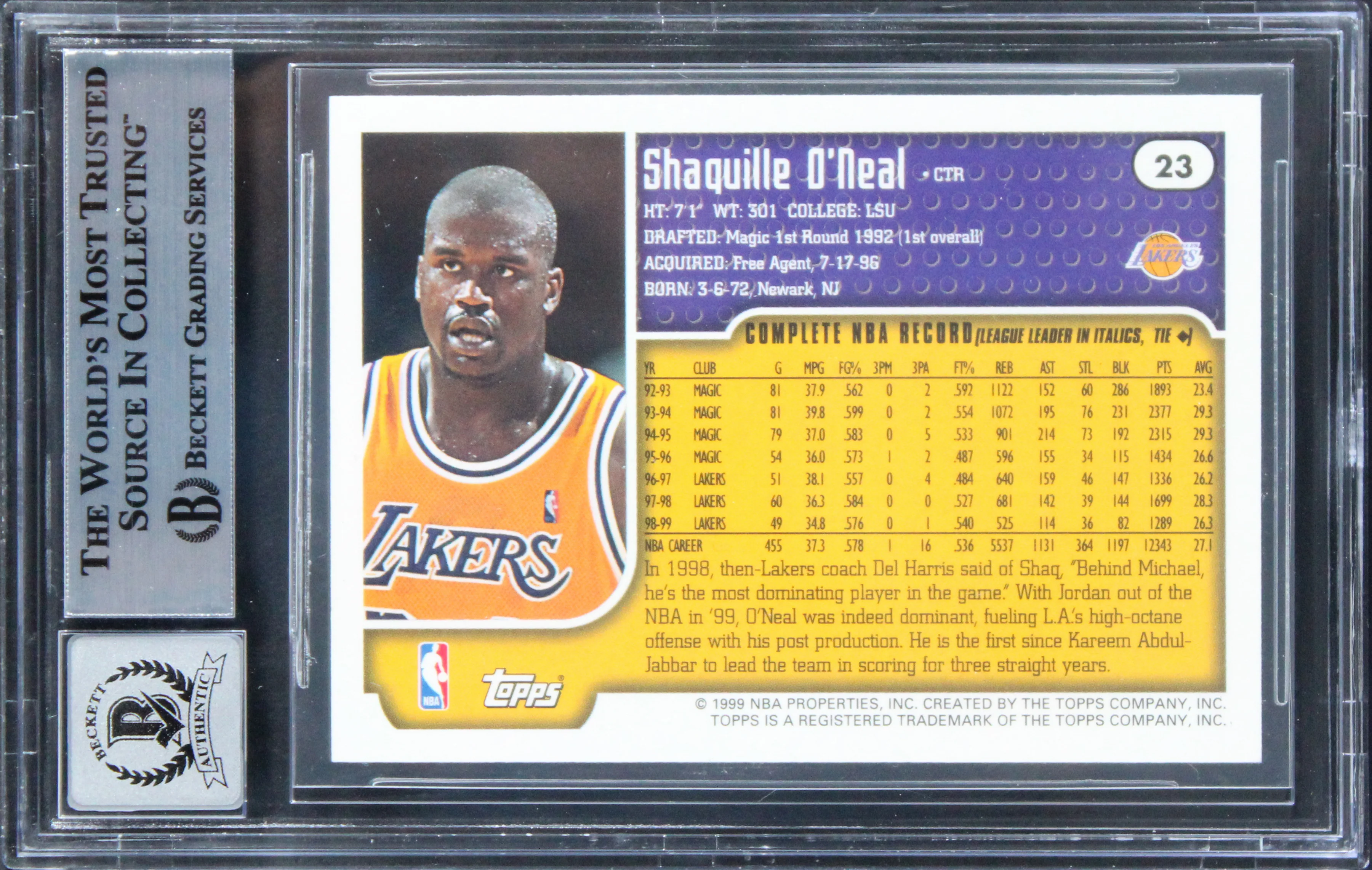 Lakers Shaquille O'Neal Signed 1999 Topps Tipoff #23 Card Auto 10! BAS Slabbed - Image 3
