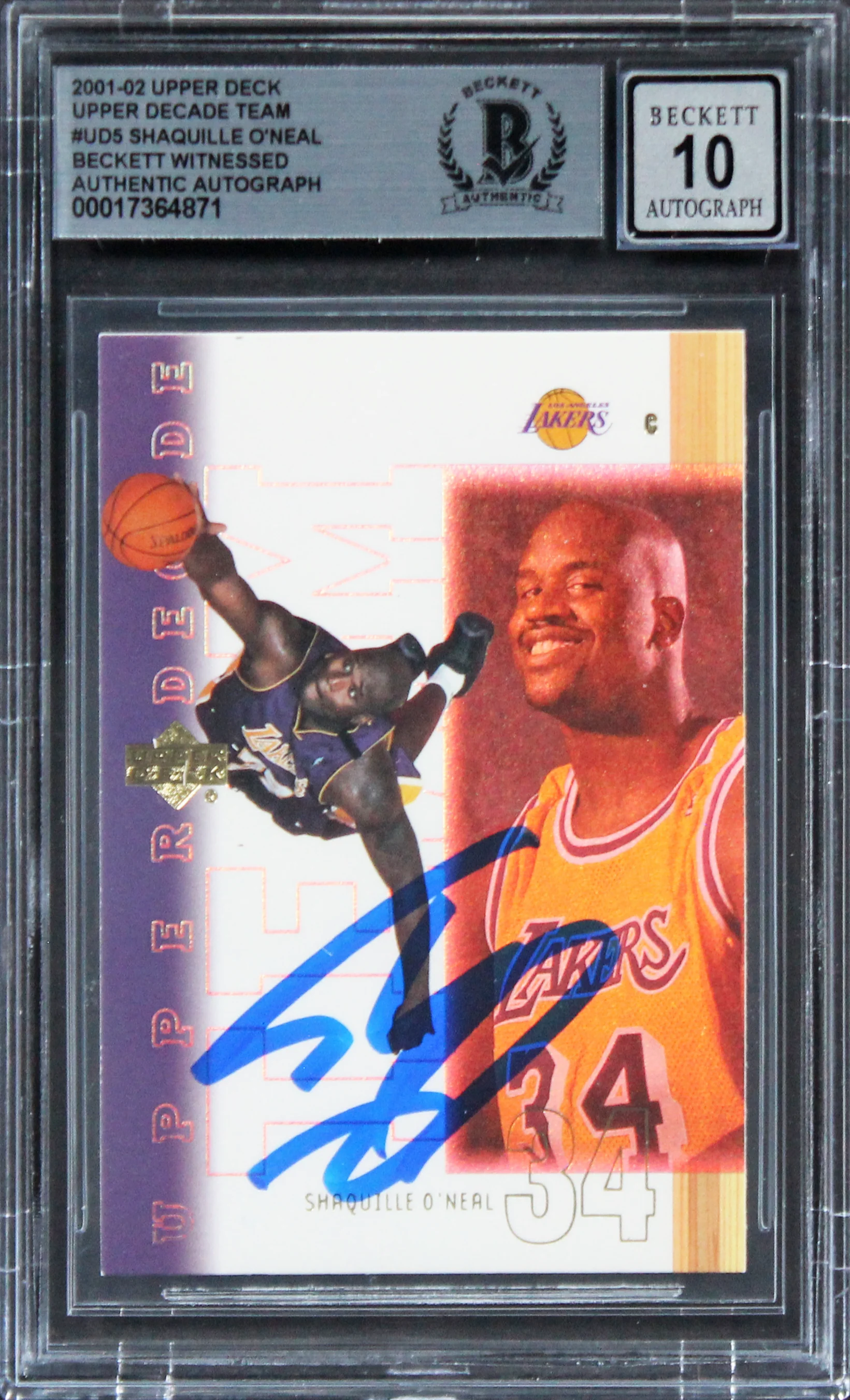 Lakers Shaquille O'Neal Signed 2001 UD Upper DT #UD5 Card AG GM 10! BAS Slab - Image 2