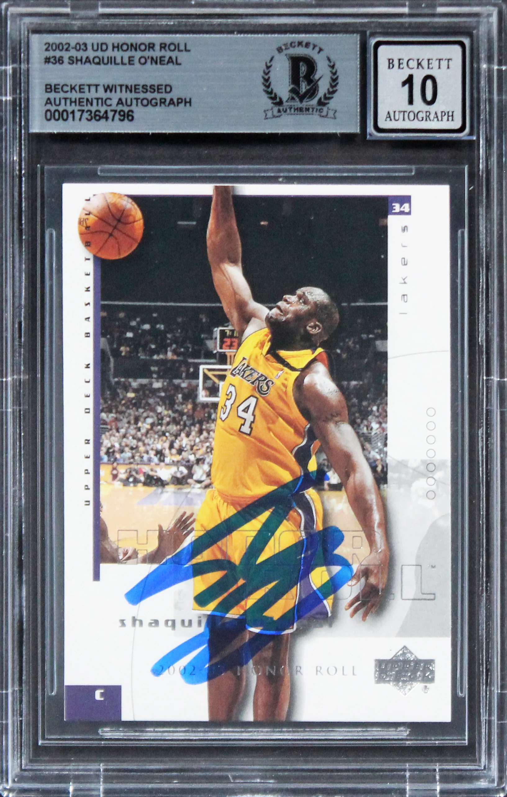 Lakers Shaquille O'Neal Signed 2002 UD Honor Roll #36 Card AG GM 10! BAS Slab - Image 2