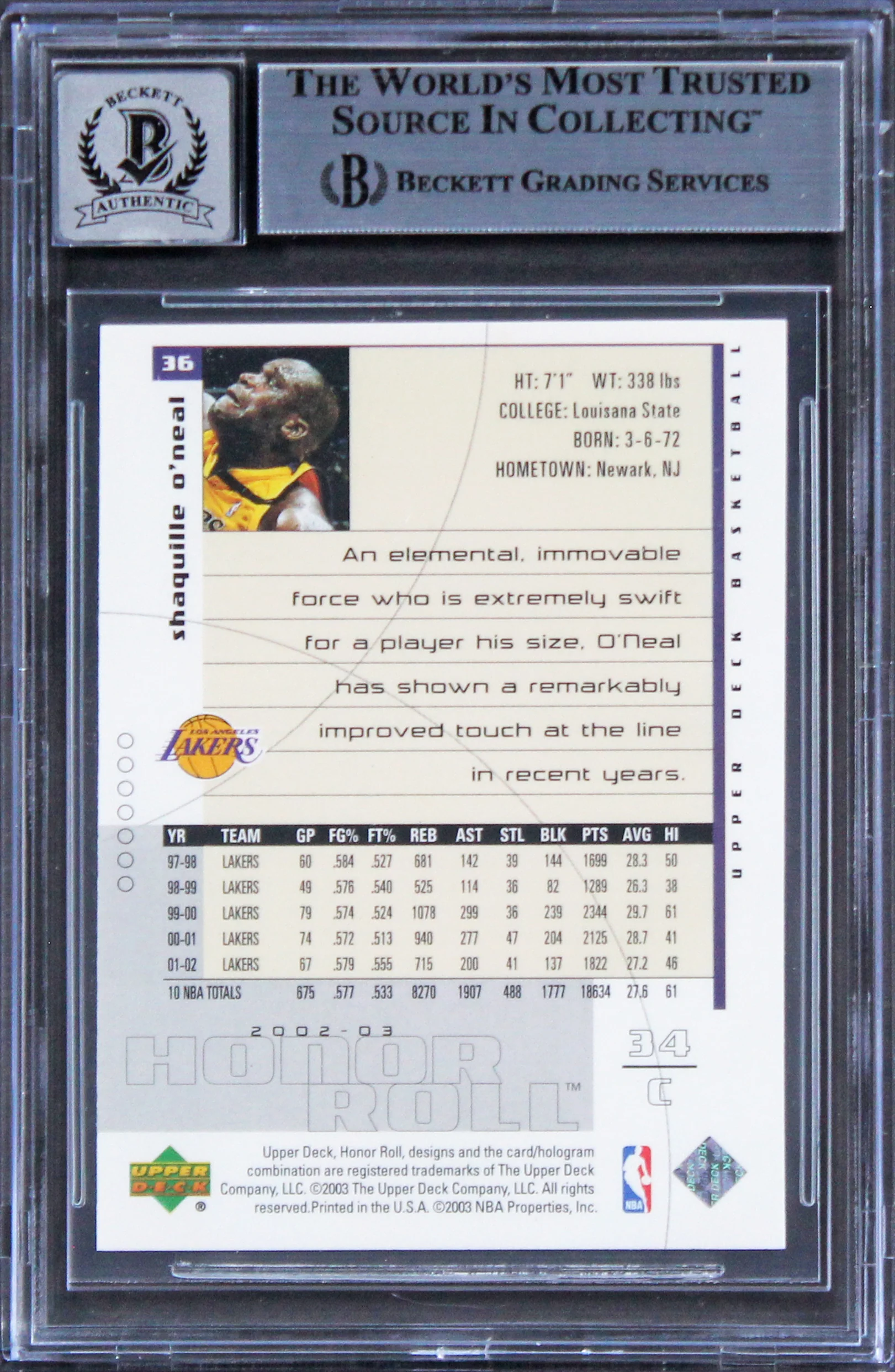 Lakers Shaquille O'Neal Signed 2002 UD Honor Roll #36 Card AG GM 10! BAS Slab - Image 3