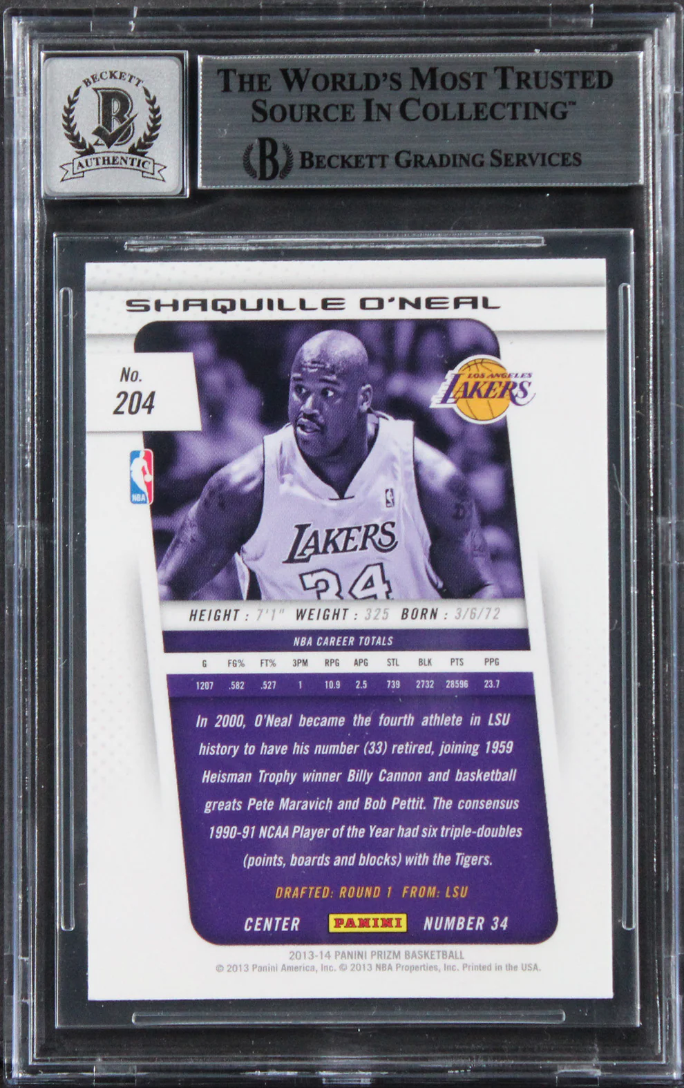 Lakers Shaquille O'Neal Signed 2013 Panini Prizm #204 Card Auto 10! BAS Slabbed - Image 3