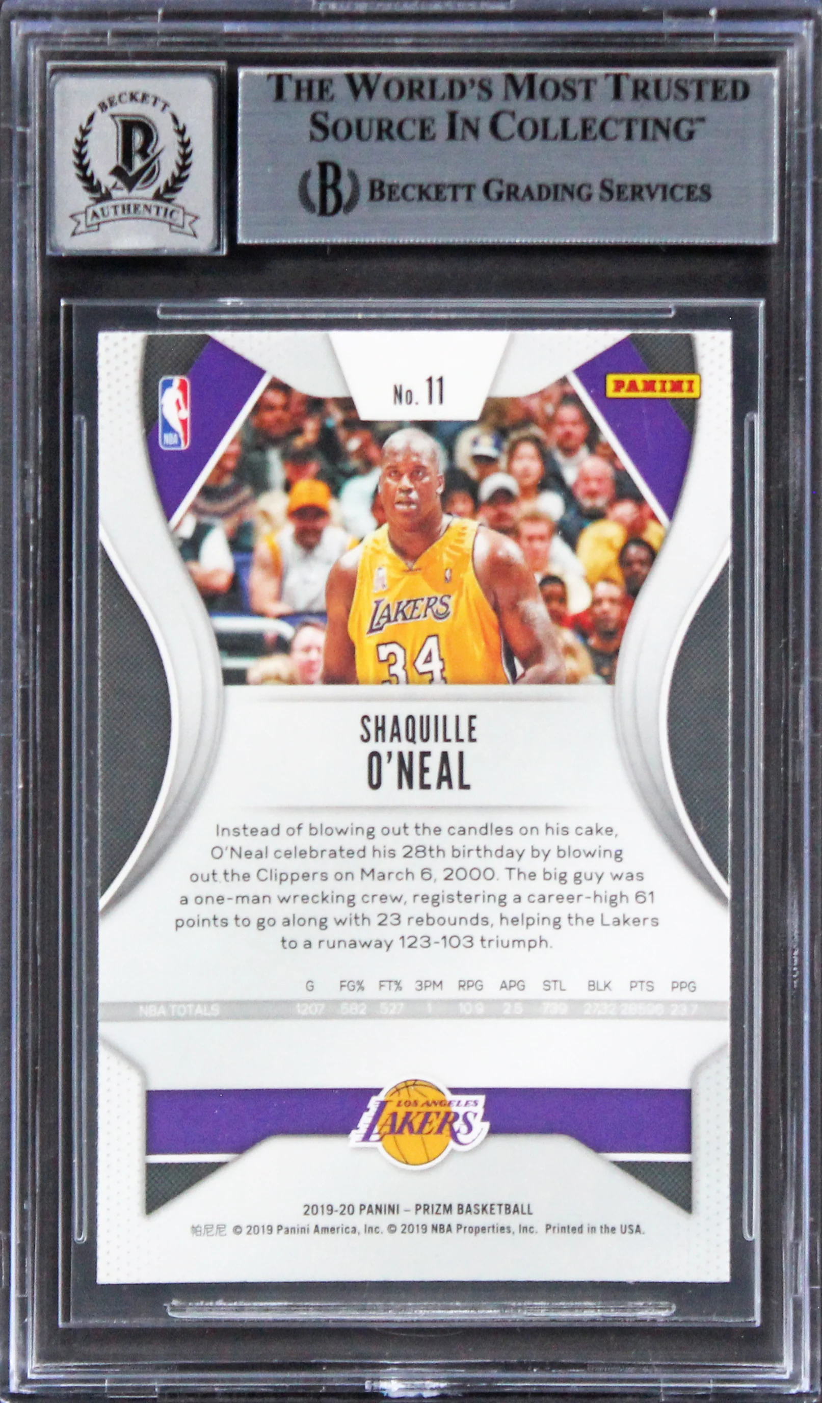 Lakers Shaquille O'Neal Signed 2019 Panini Prizm #11 Card Auto G GM 10! BAS Slab - Image 3