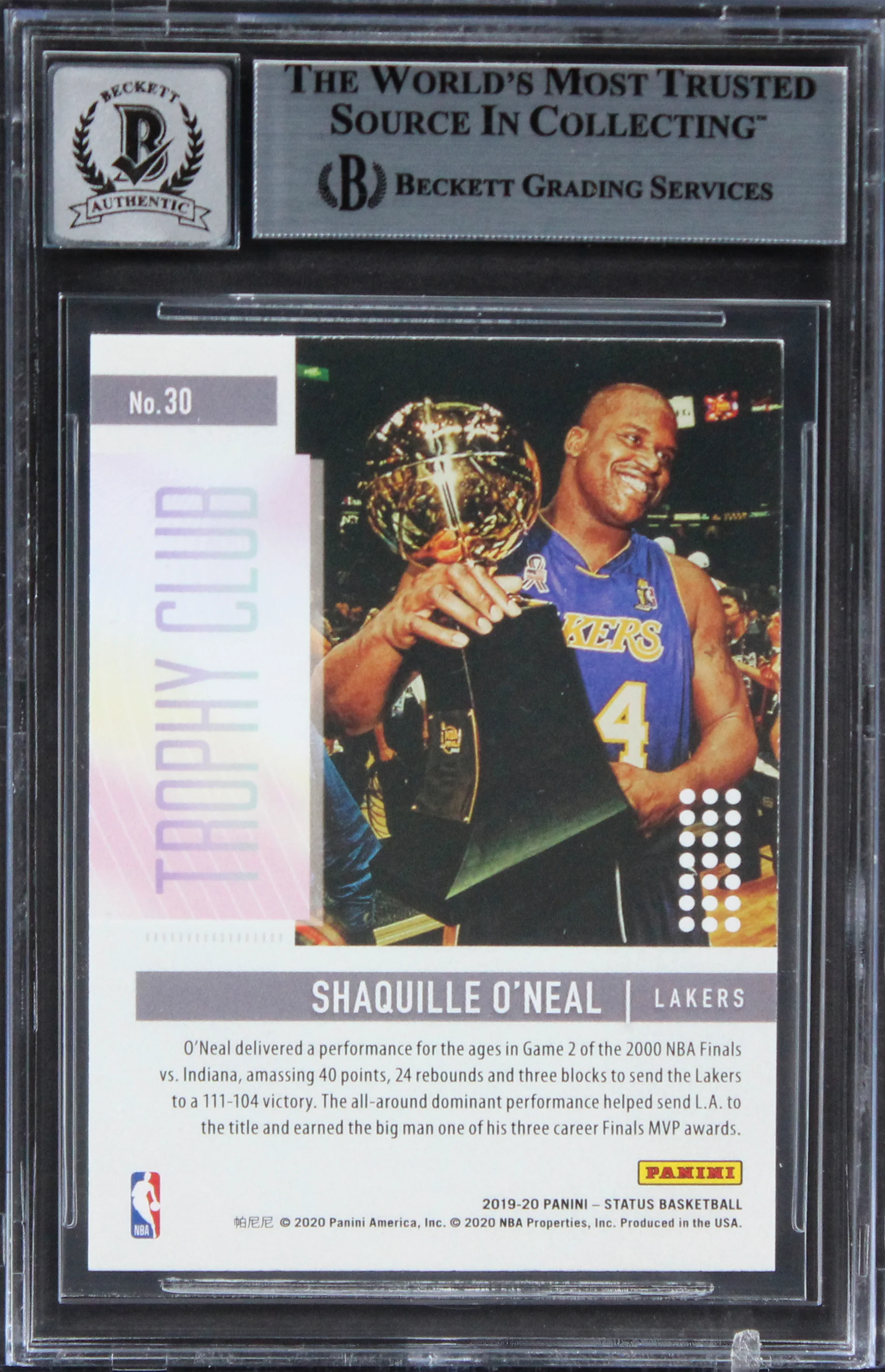Lakers Shaquille O'Neal Signed 2019 Panini Status TC #30 Card Auto 10 BAS Slab - Image 3