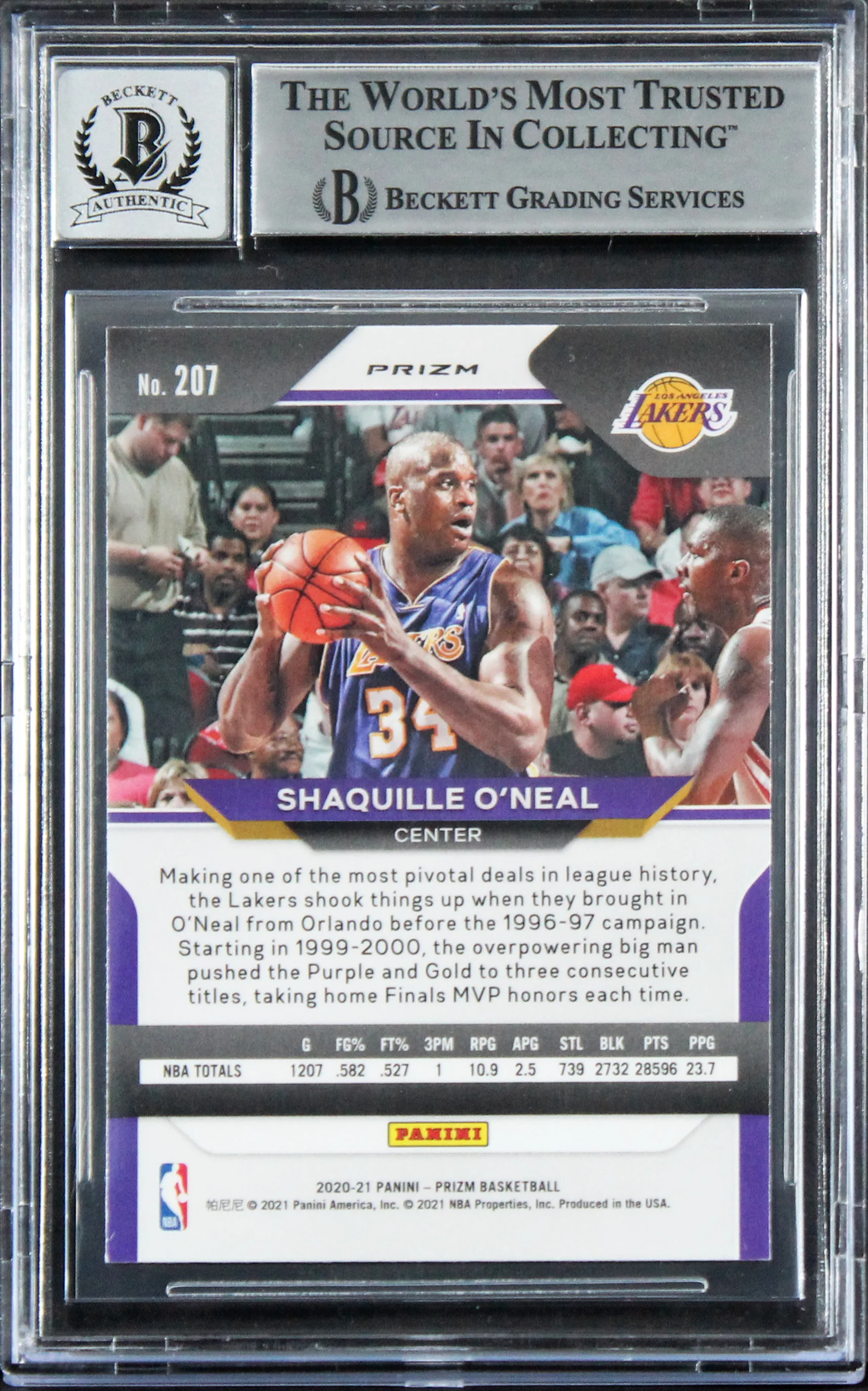 Lakers Shaquille O'Neal Signed 2020 Panini Prizm OI #207 Card Auto 10! BAS Slab - Image 3
