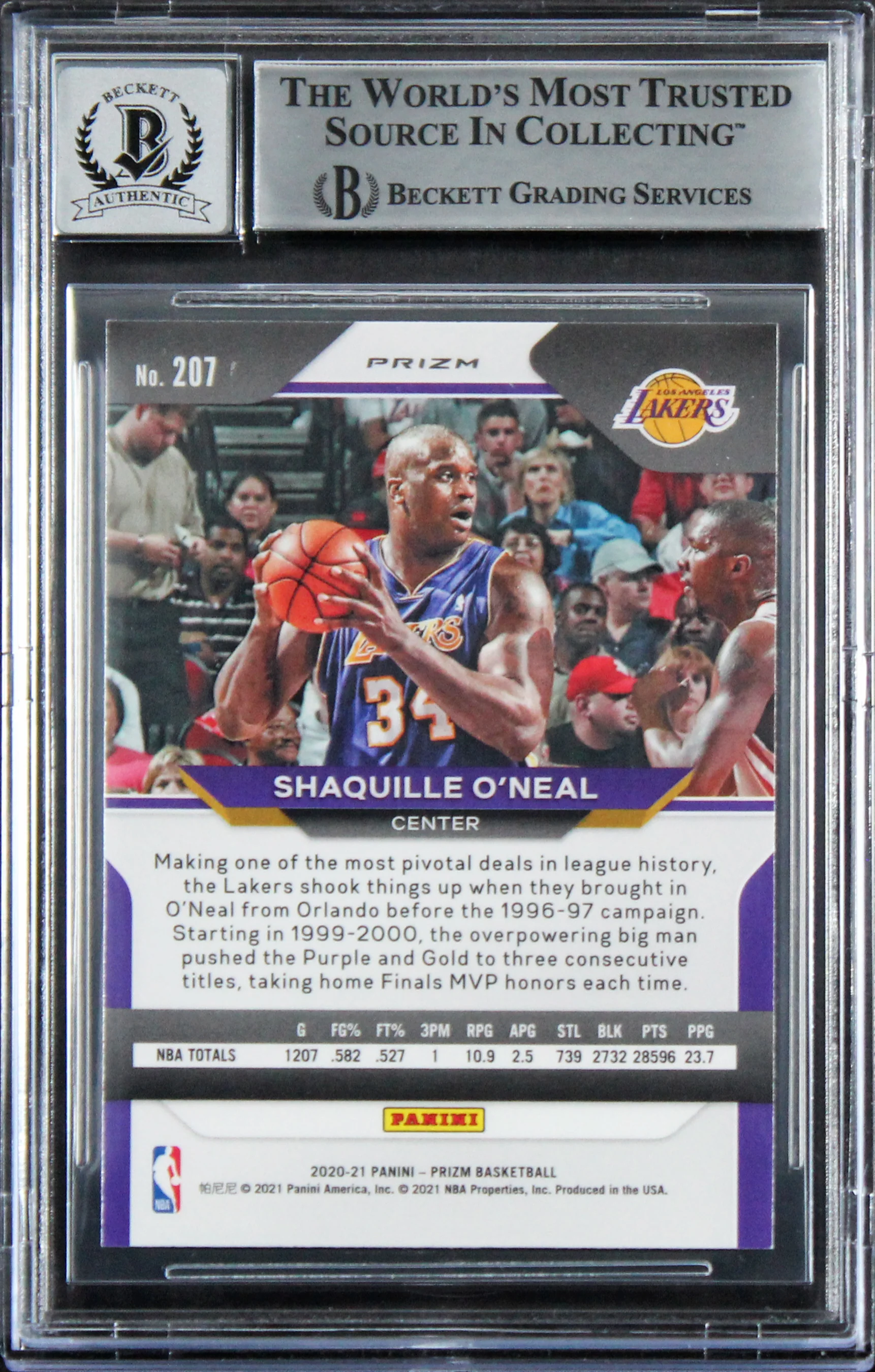 Lakers Shaquille O'Neal Signed 2020 Panini Prizm PH #207 Card Auto 10 BAS Slab - Image 3