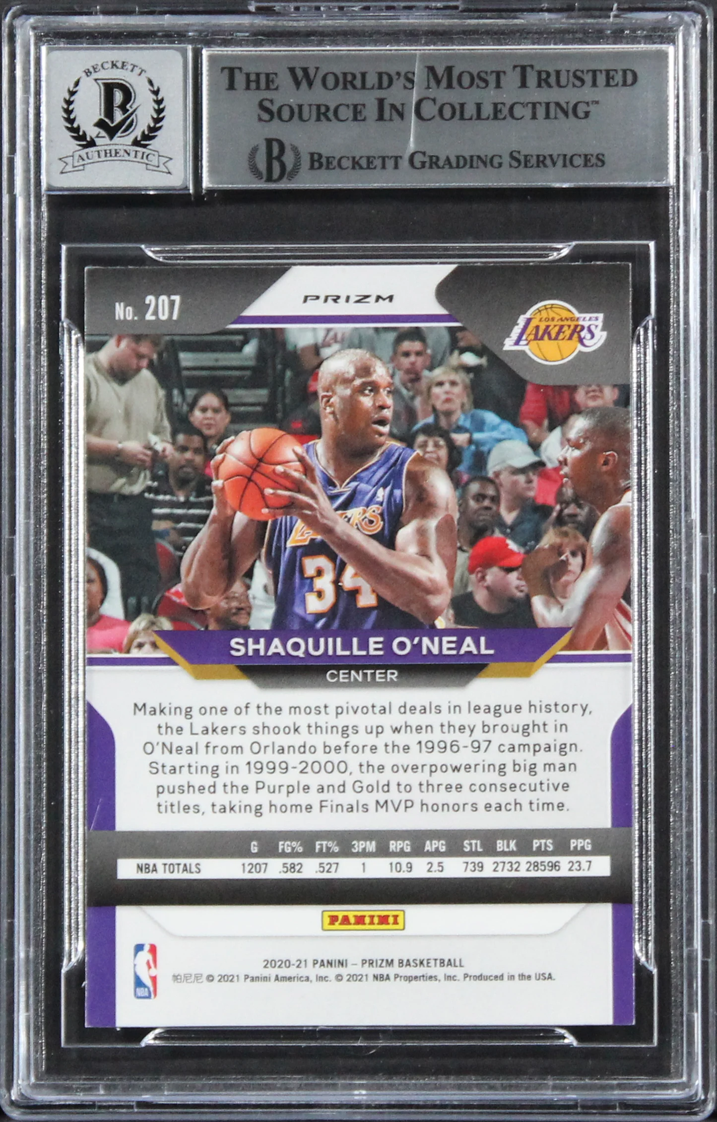 Lakers Shaquille O'Neal Signed 2020 Panini Prizm PI #207 Card Auto 10! BAS Slab - Image 3
