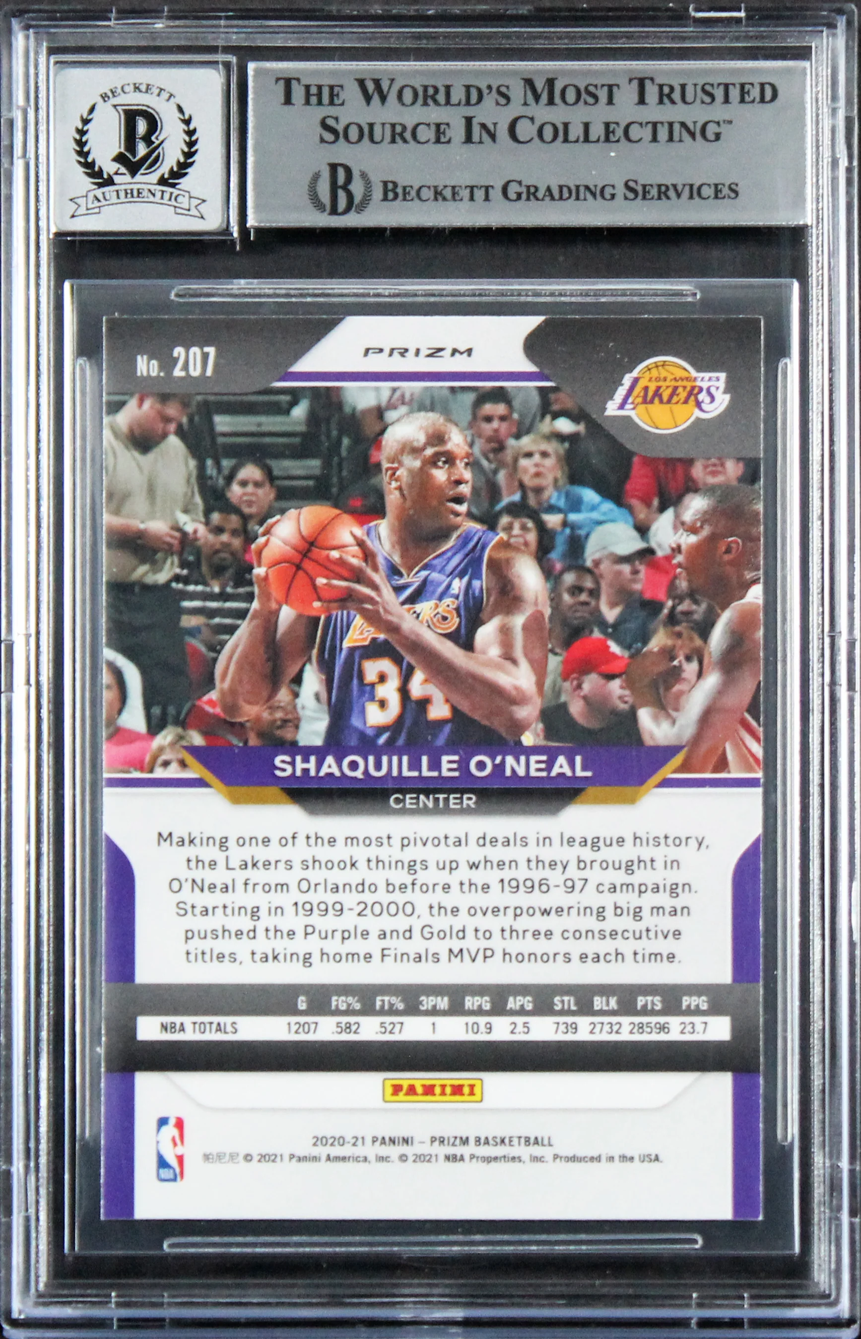 Lakers Shaquille O'Neal Signed 2020 Panini Prizm RI #207 Card Auto 10! BAS Slab - Image 3