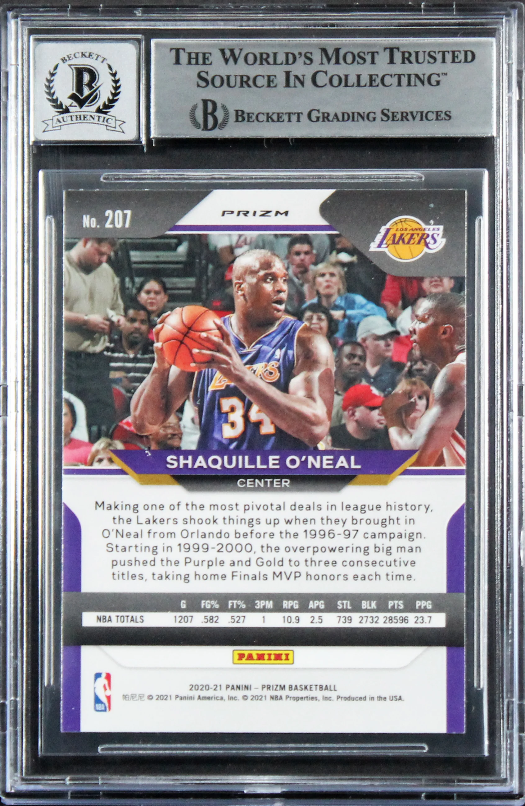 Lakers Shaquille O'Neal Signed 2020 Panini Prizm RW&B #207 Card Auto 10 BAS Slab - Image 3
