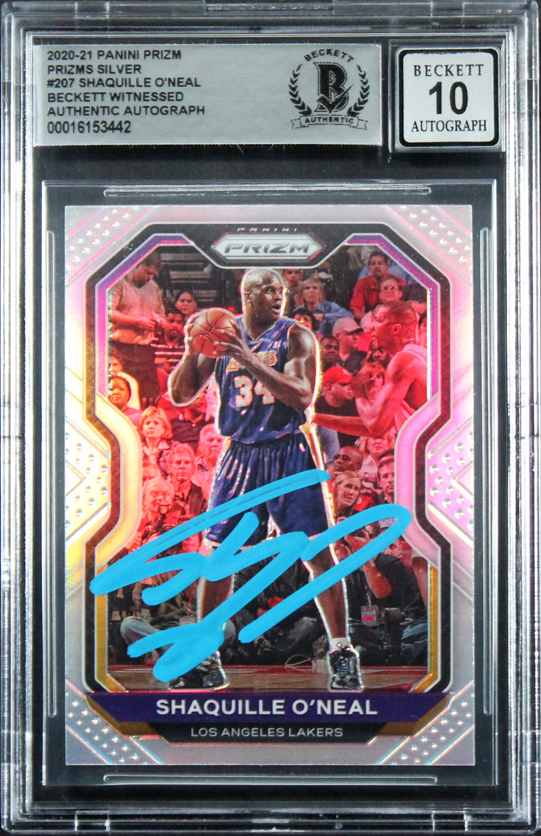 Lakers Shaquille O'Neal Signed 2020 Panini Prizm Silv #207 Card Auto 10 BAS Slab - Image 2