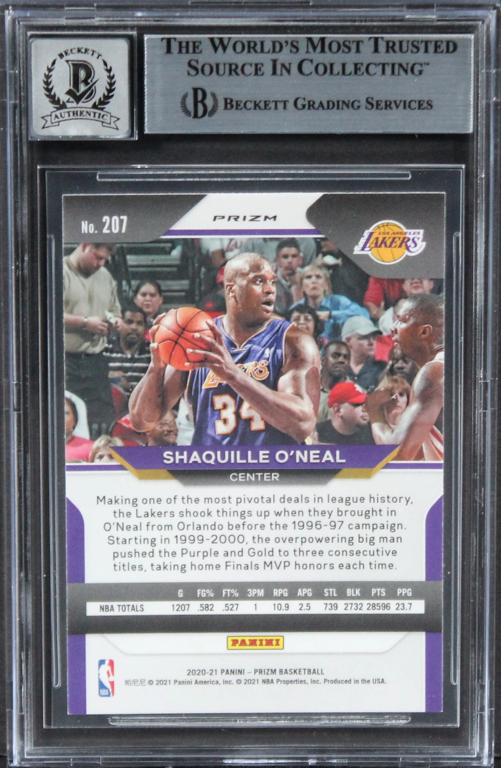 Lakers Shaquille O'Neal Signed 2020 Panini Prizms PW #207 Card AG GM 10 BAS Slab - Image 3