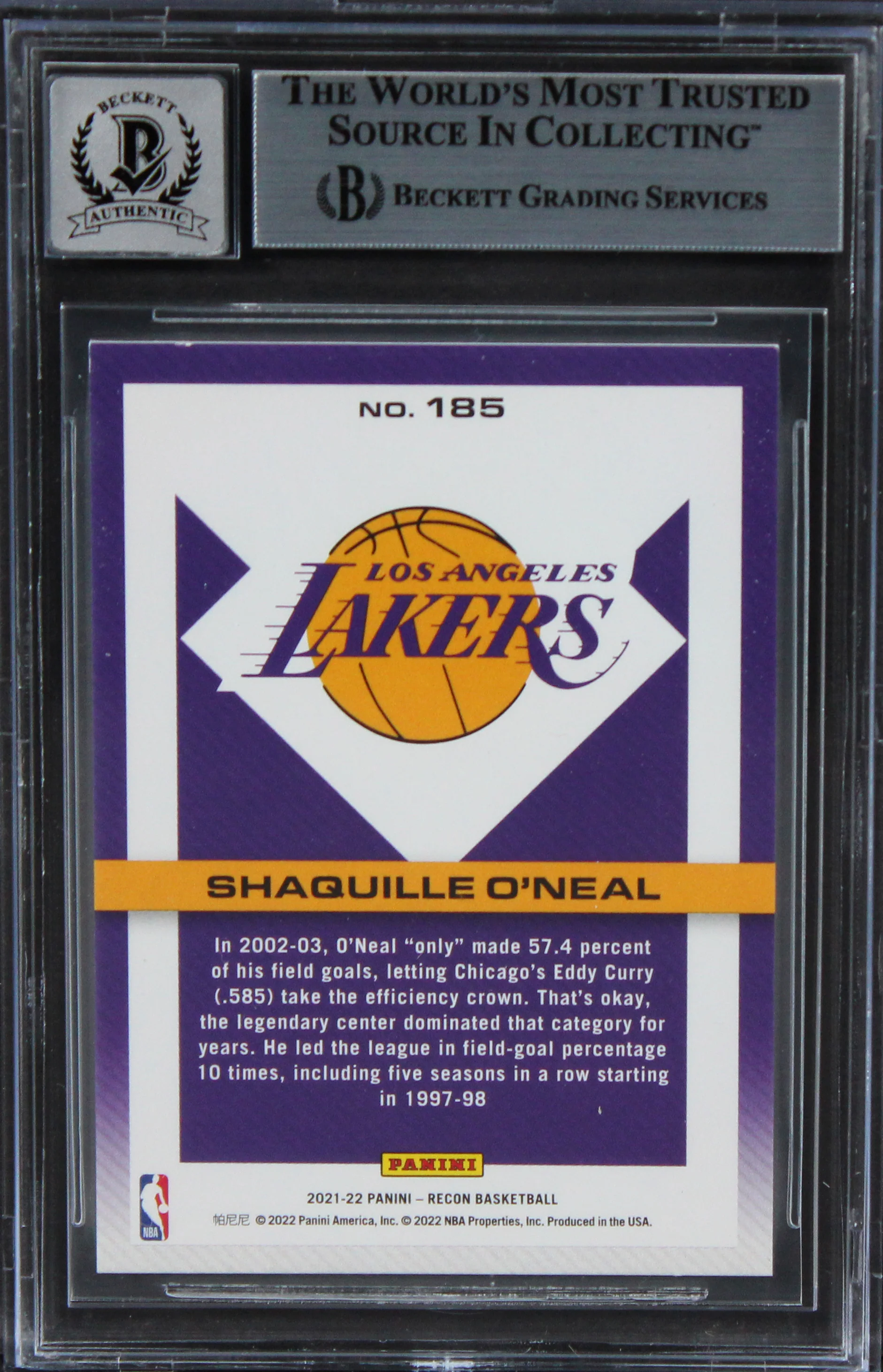 Lakers Shaquille O'Neal Signed 2021 Panini Recon #185 Card Auto 10! BAS Slabbed - Image 3