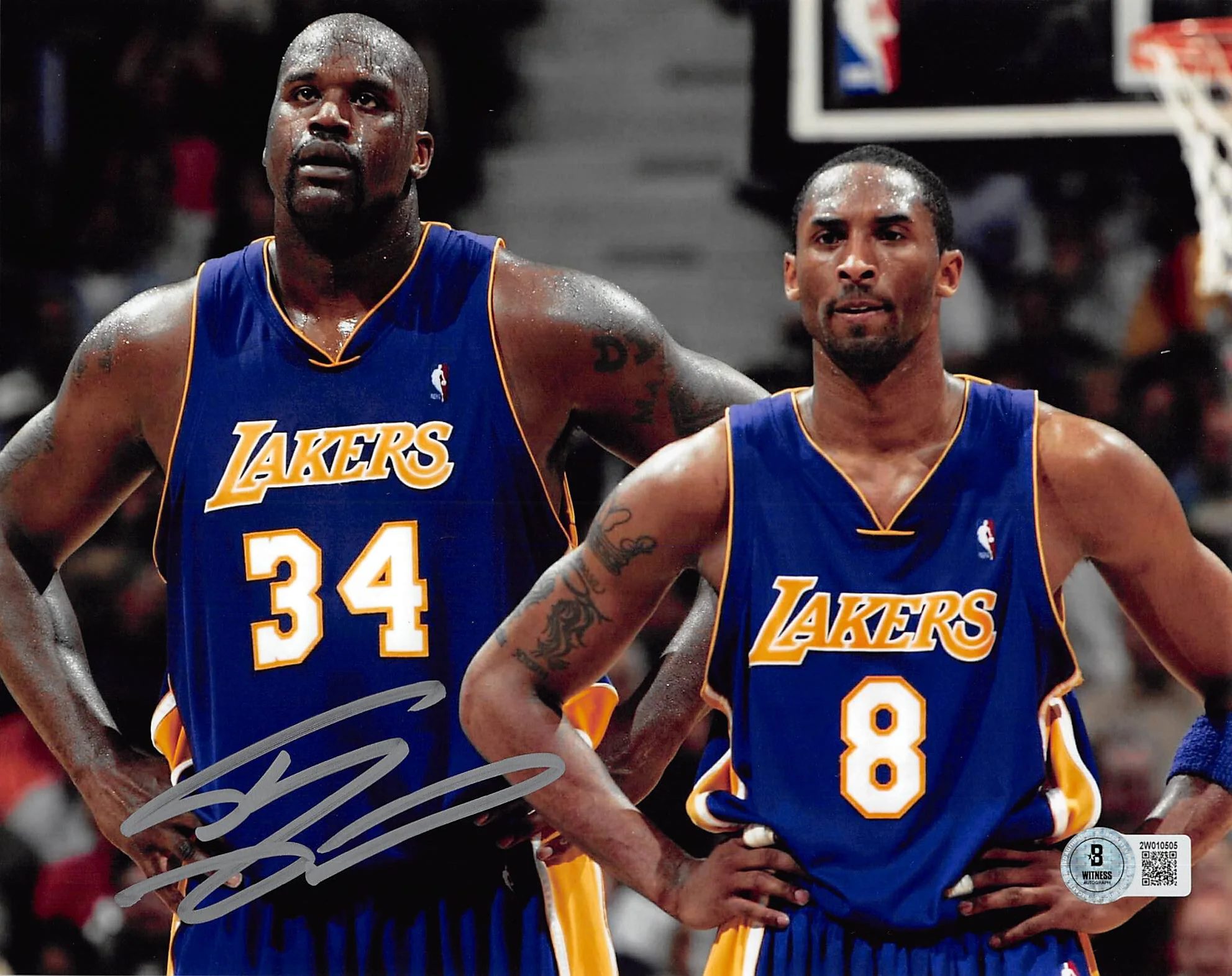 Lakers Shaquille O'Neal Signed 8x10 Purple Jersey w/ Kobe Photo BAS Witnessed - Image 2
