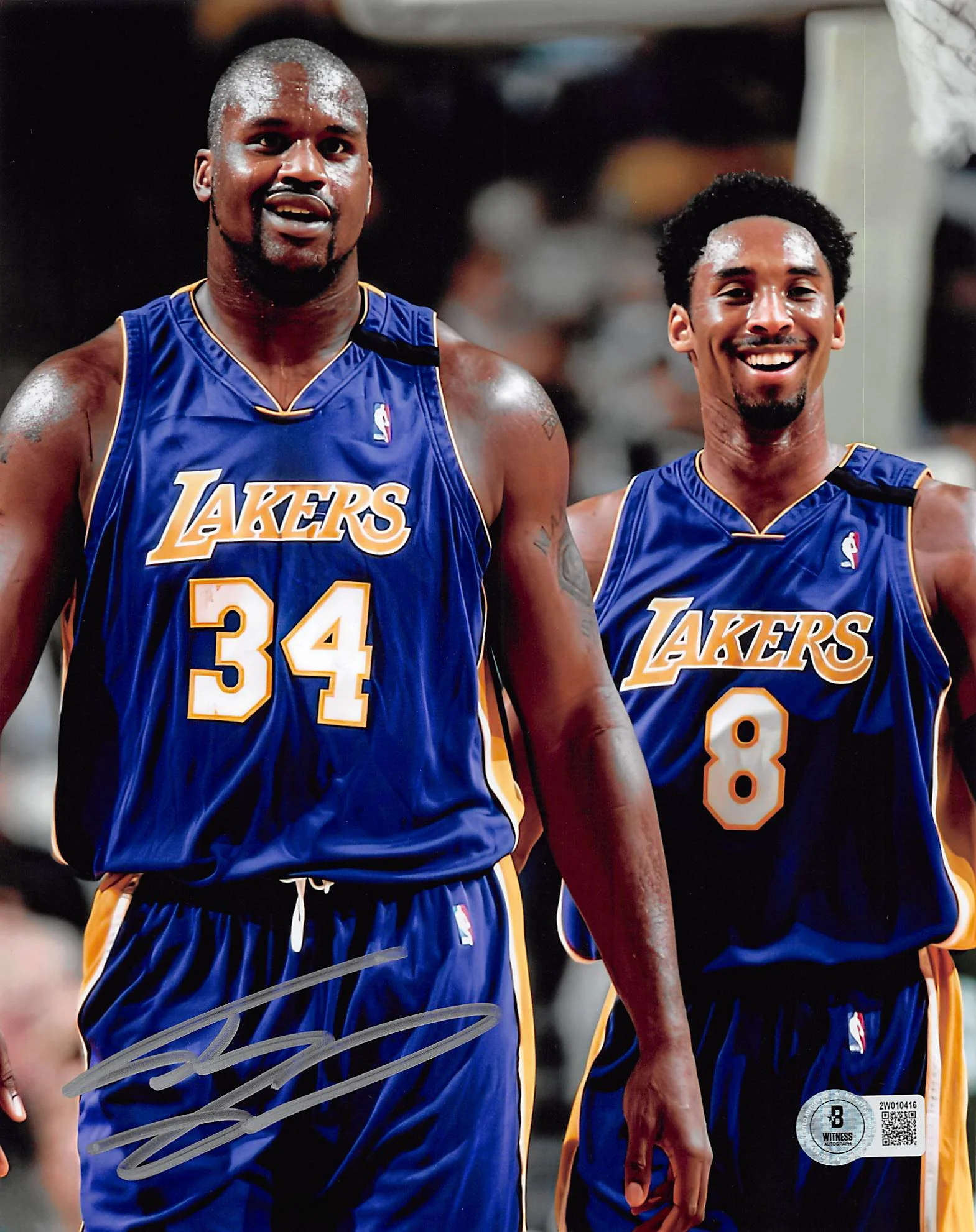 Lakers Shaquille O'Neal Signed 8x10 Vertical Purple Jersey w/ Kobe Photo BAS Wit - Image 2