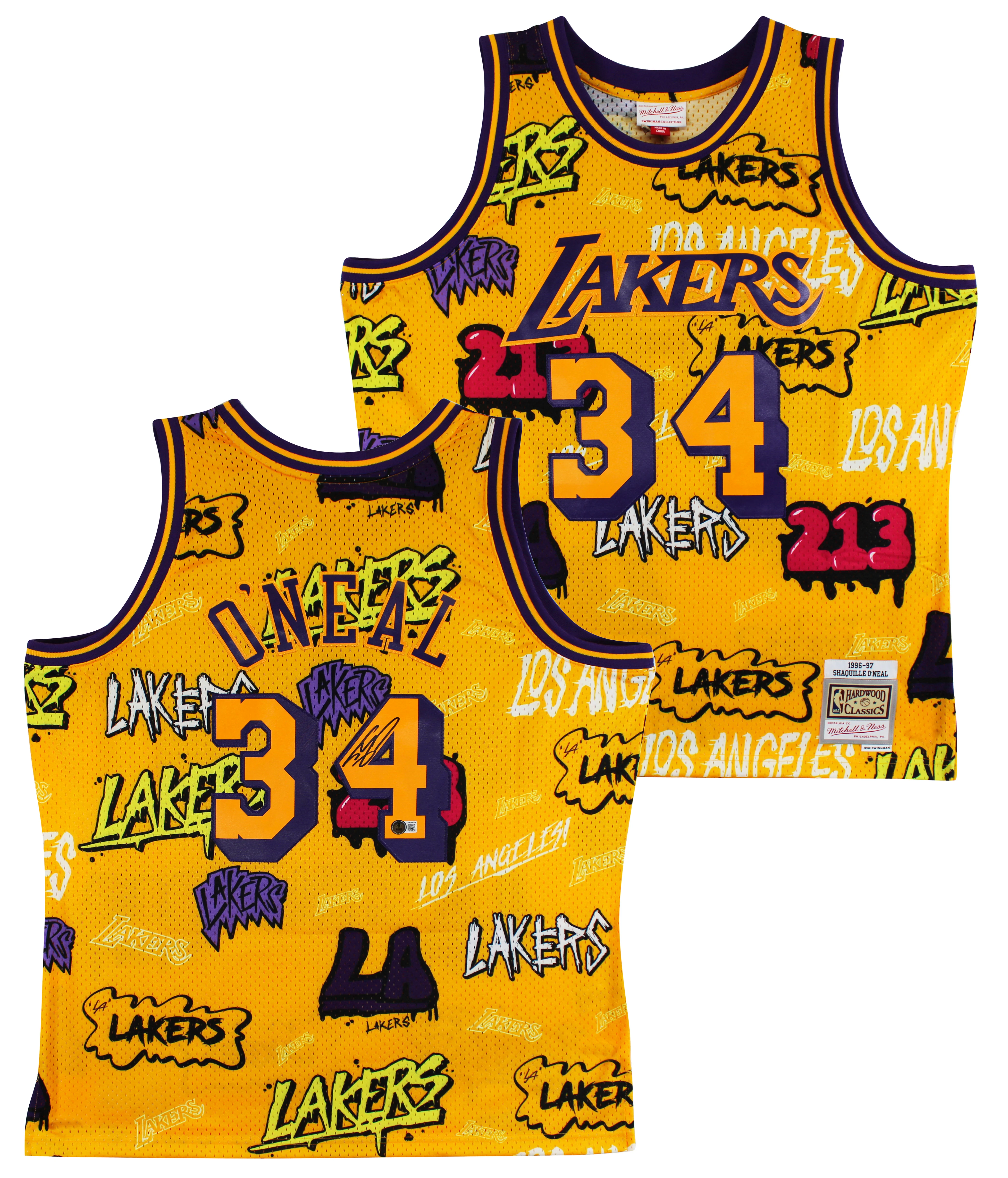 Lakers Shaquille O'Neal Signed Alt Yellow M&N 1996-97 HWC Swingman Jersey BAS W - Image 2