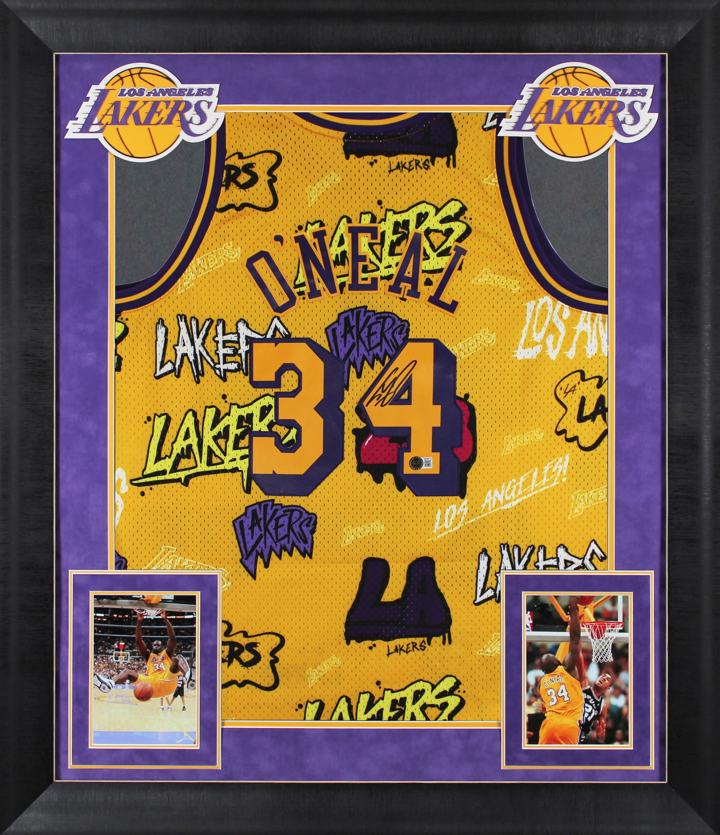 Lakers Shaquille O'Neal Signed Alt Yellow M&N HWC Swingman Framed Jersey BAS Wit - Image 2